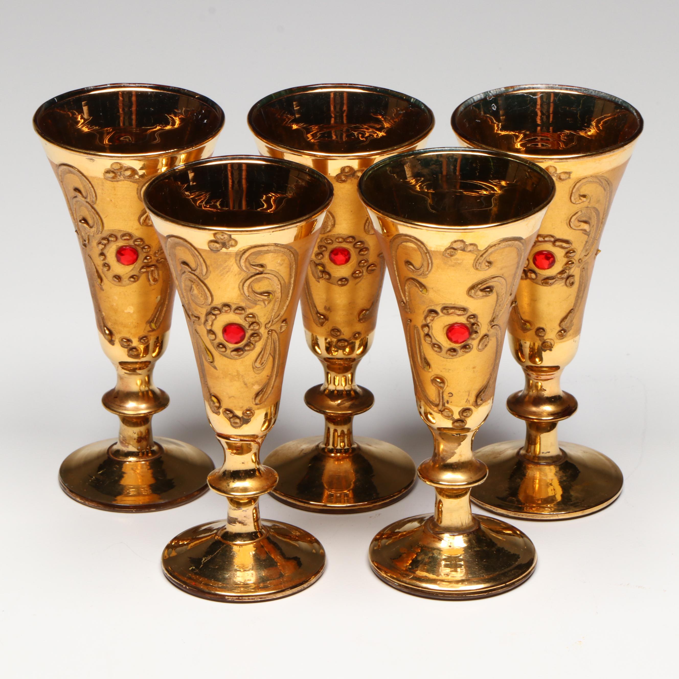 Venetian Style Gilt Glass Decanter, Wine Glasses, and Cordial Glasses
