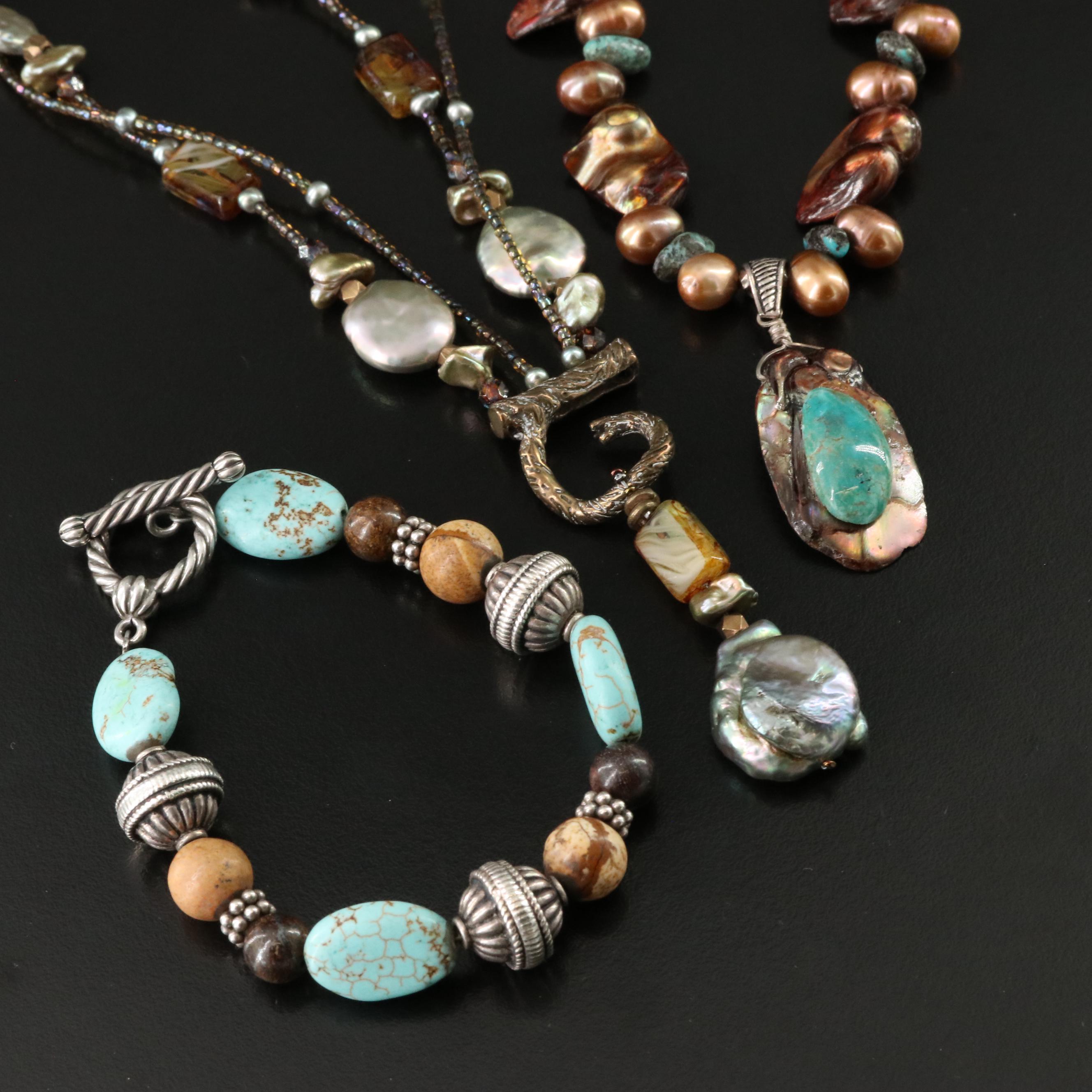 Sterling, Pearls and Turquoise Featured in Necklaces and Bracelet Selection