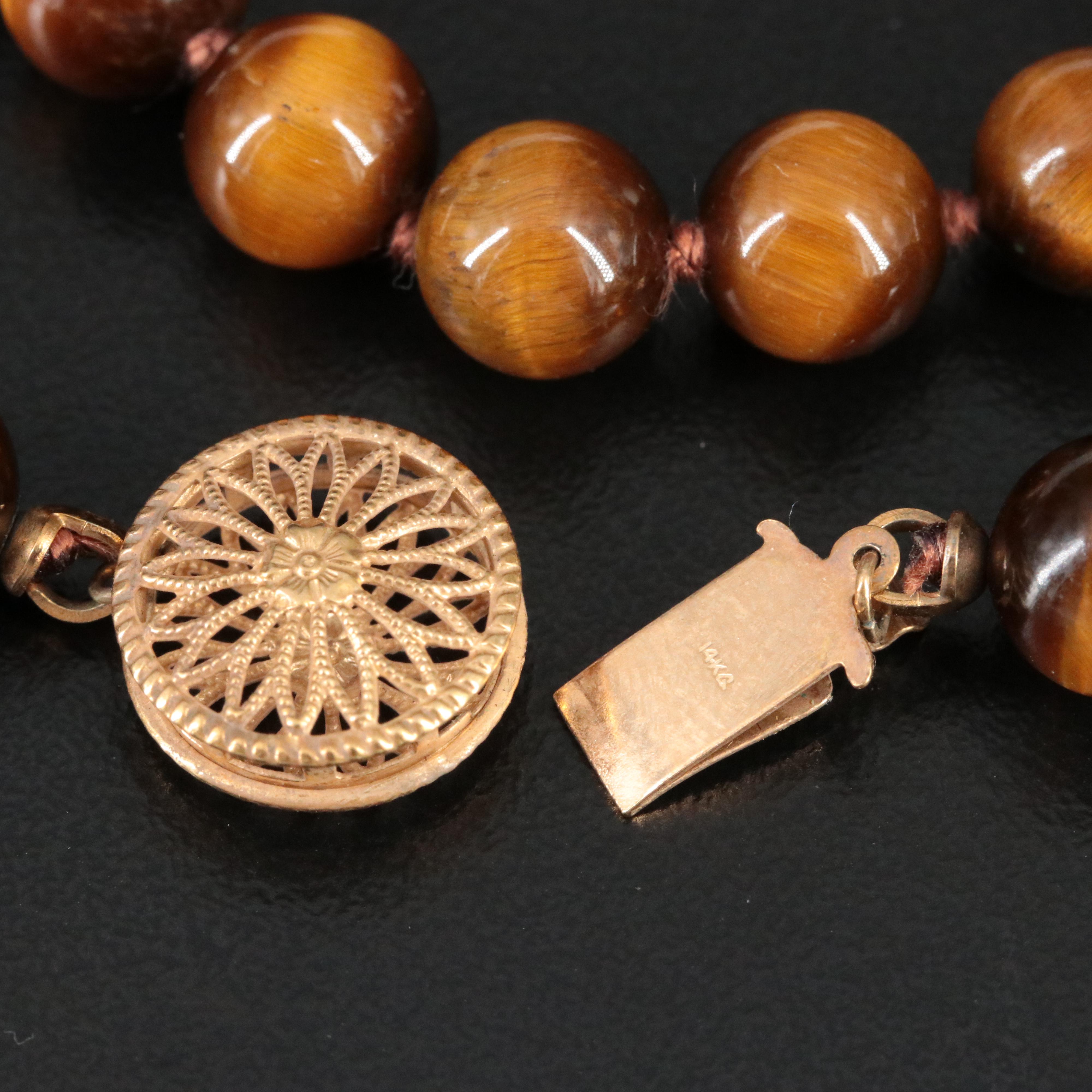 Tiger's Eye Bead Necklace with 14K Clasp