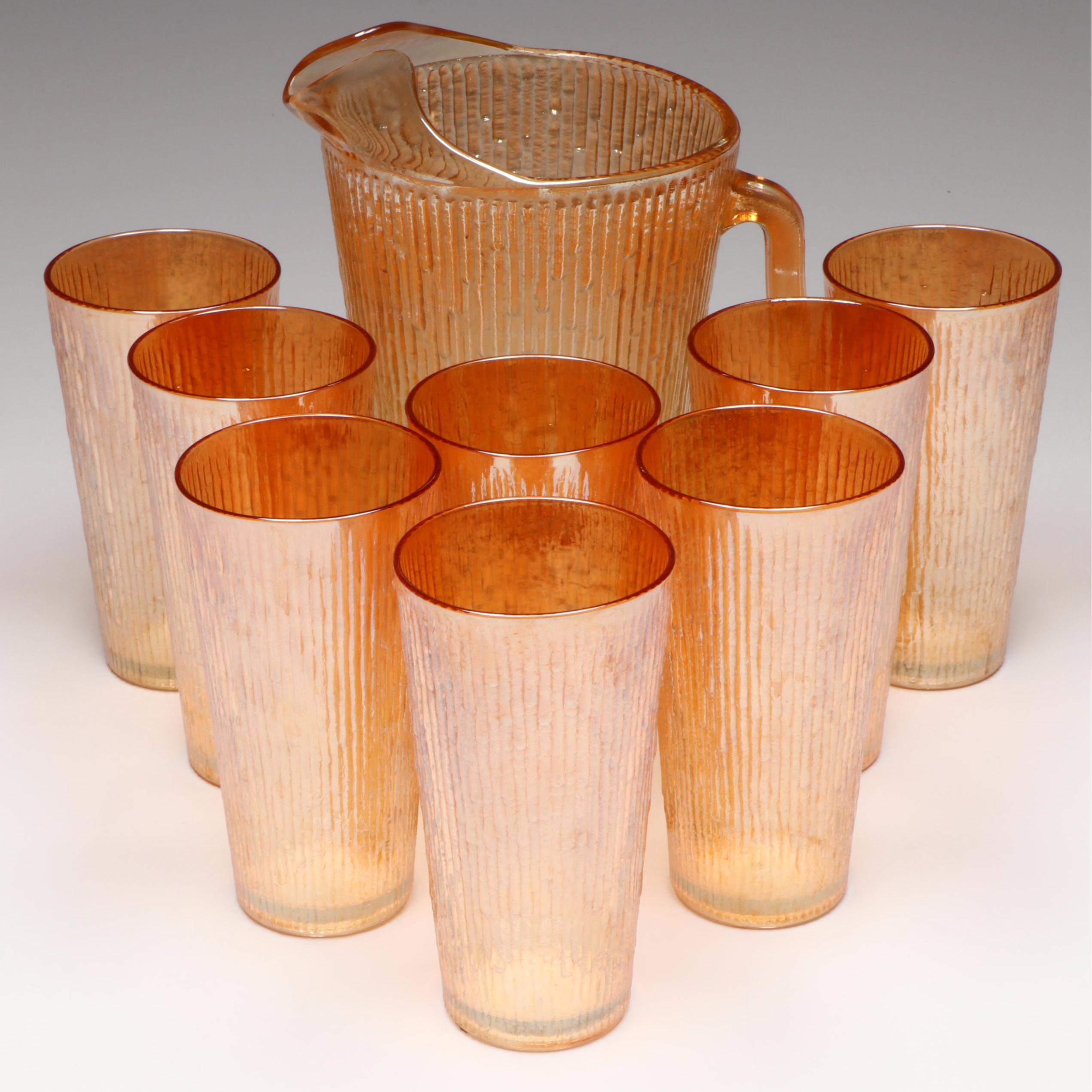 Jeannette " Tree Bark Marigold" Glass Pitcher and Tumblers, 20th Century