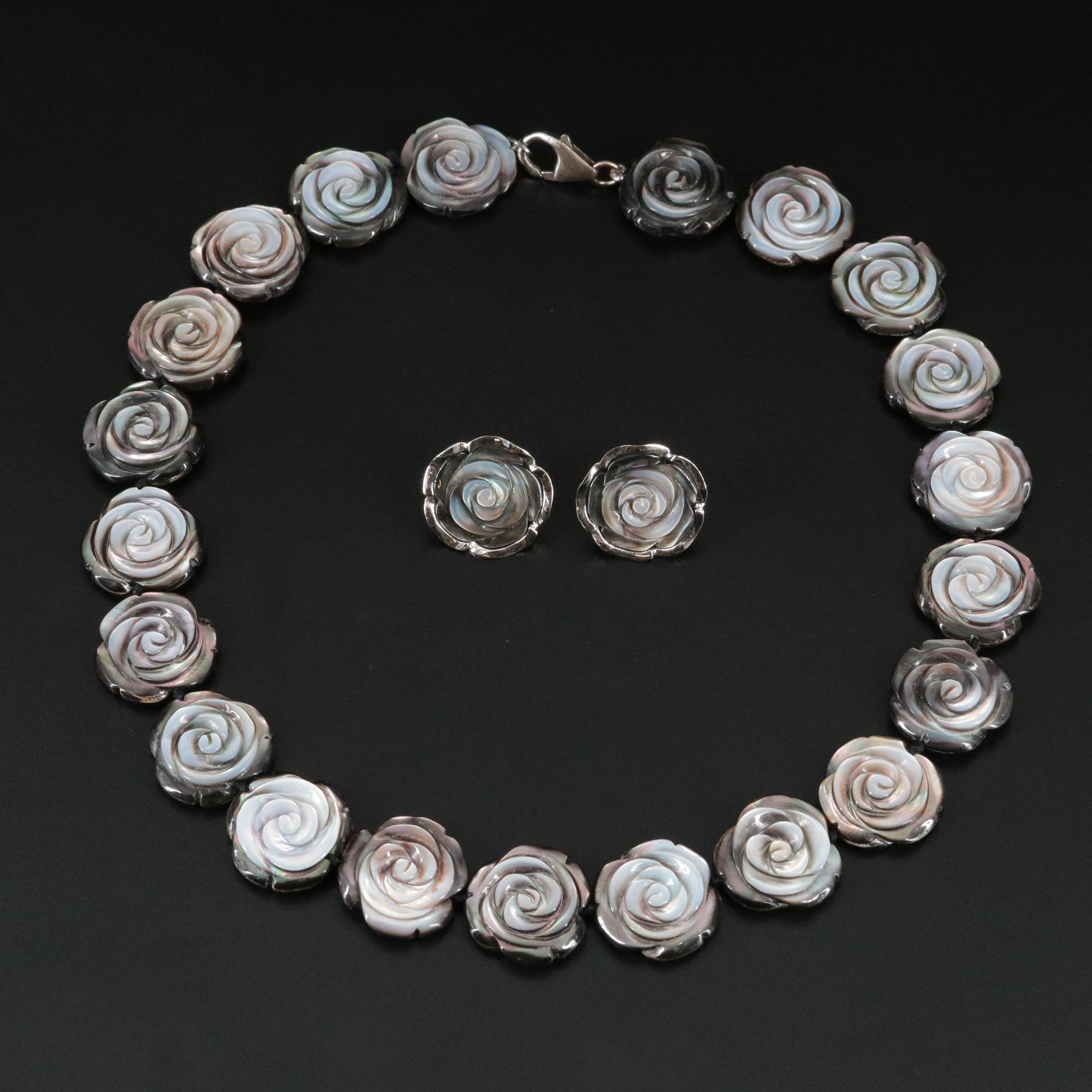 Sterling Mother-of-Pearl Rosettes Necklace and Earring Set