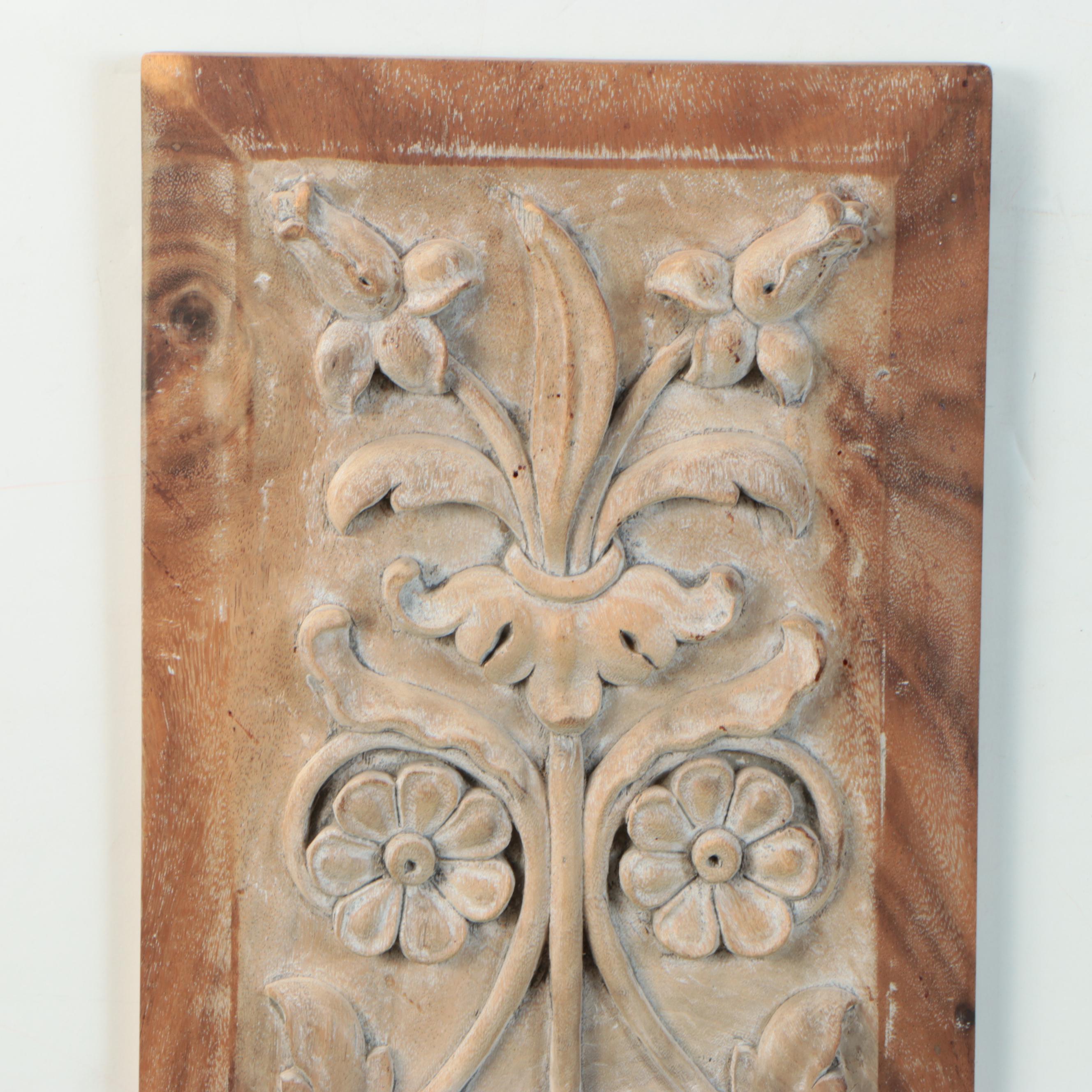 Hand-Carved and Lime-Washed Wood Panel