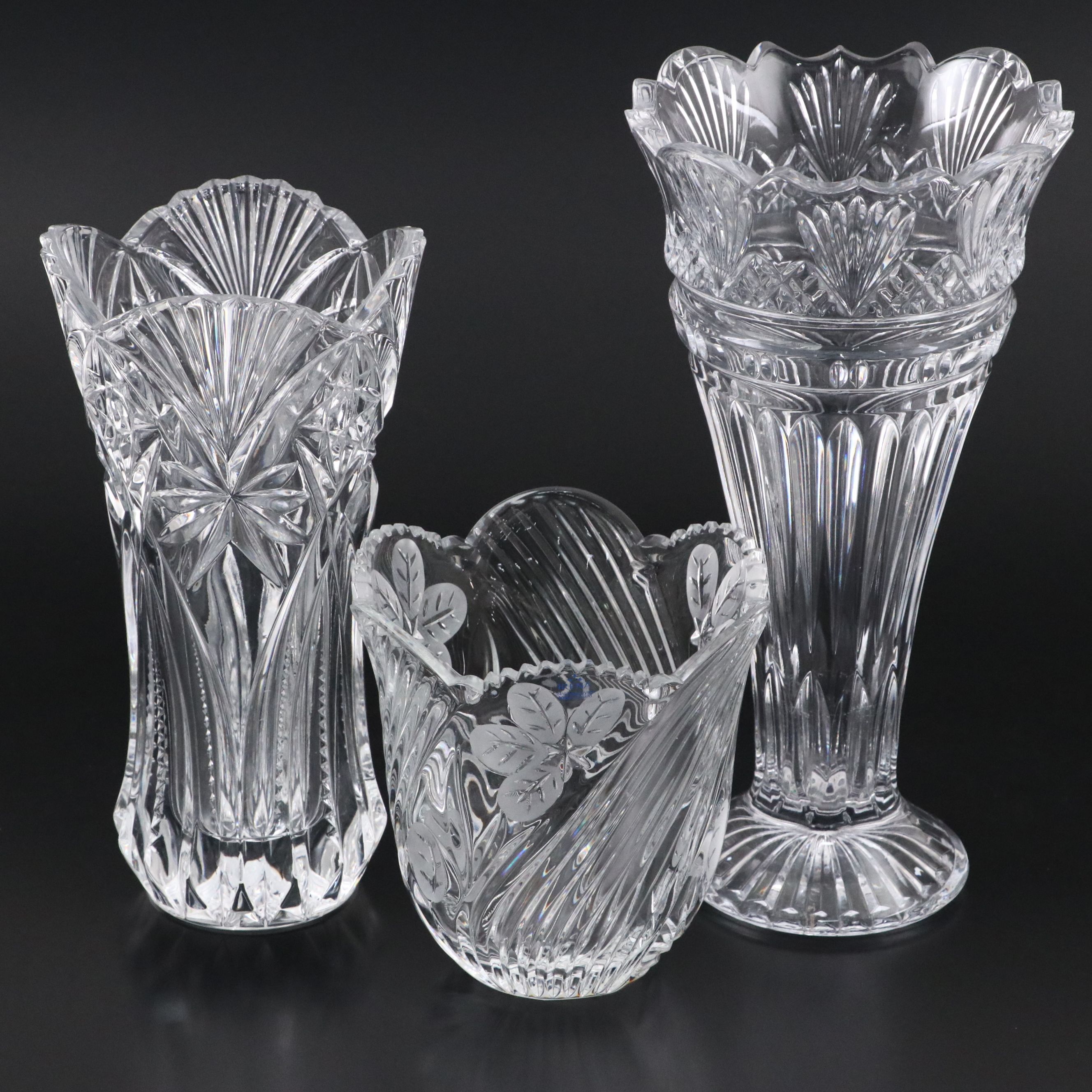 Irena Etched Crystal with Fan and Shell Pattern Crystal Vases