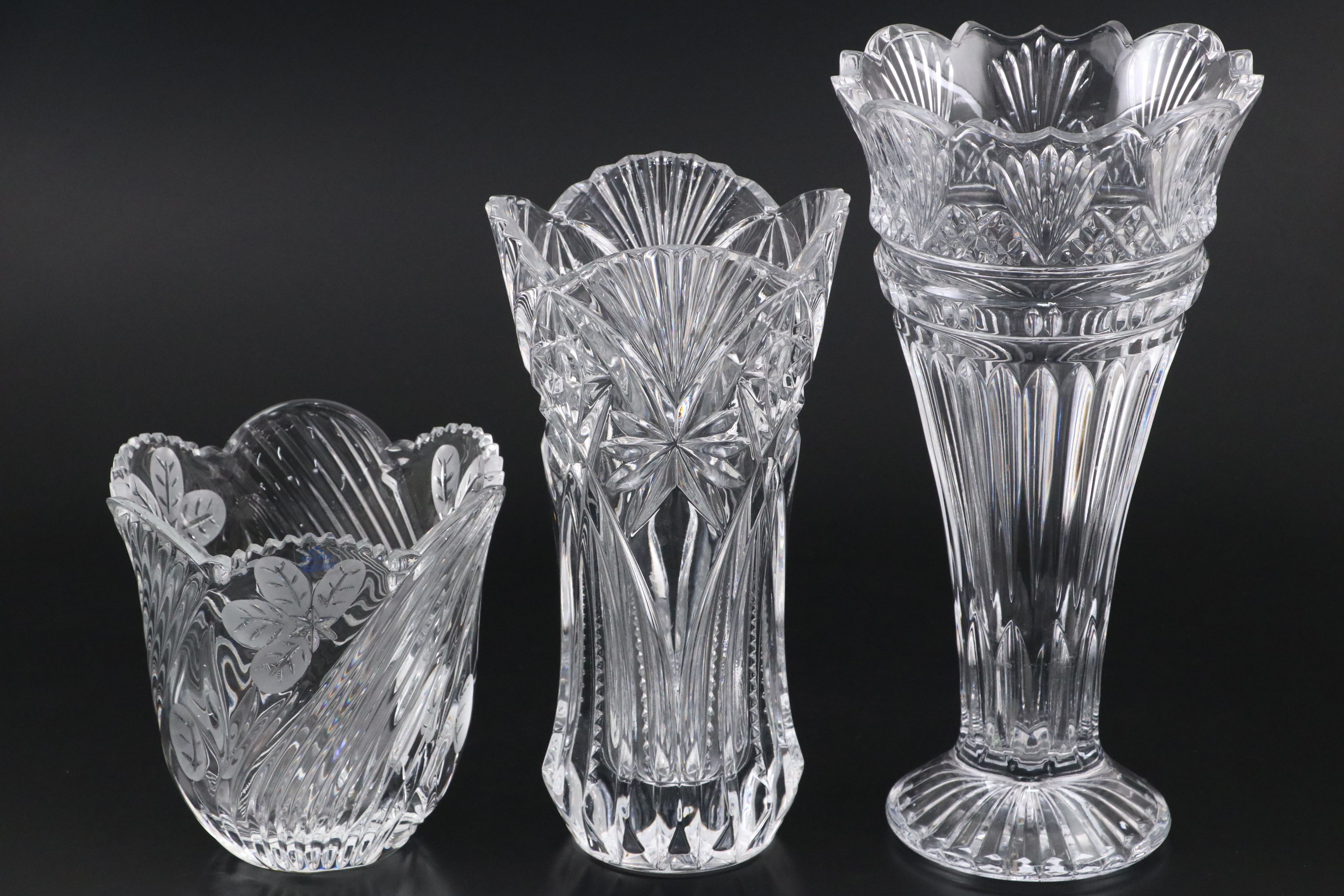Irena Etched Crystal with Fan and Shell Pattern Crystal Vases