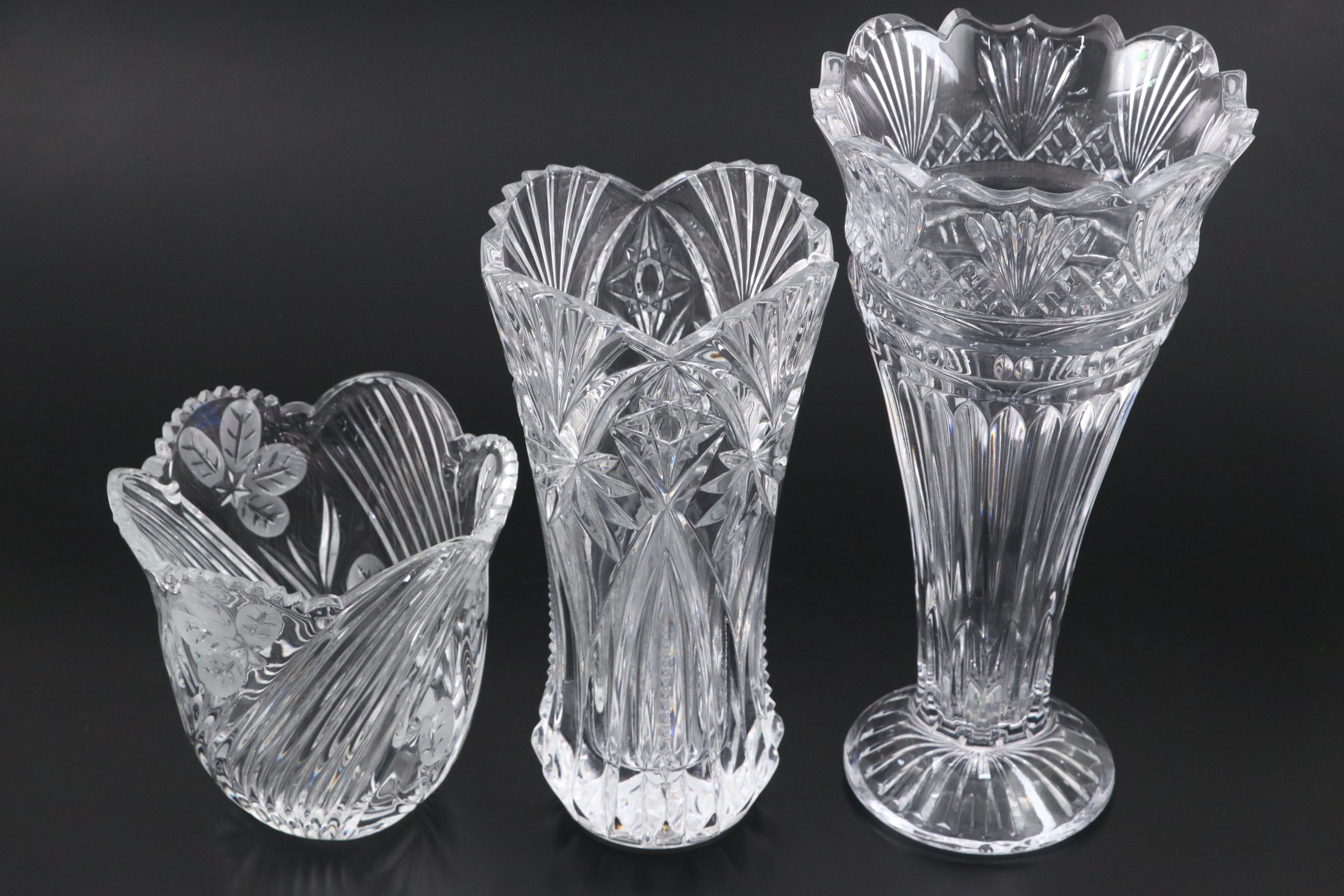 Irena Etched Crystal with Fan and Shell Pattern Crystal Vases
