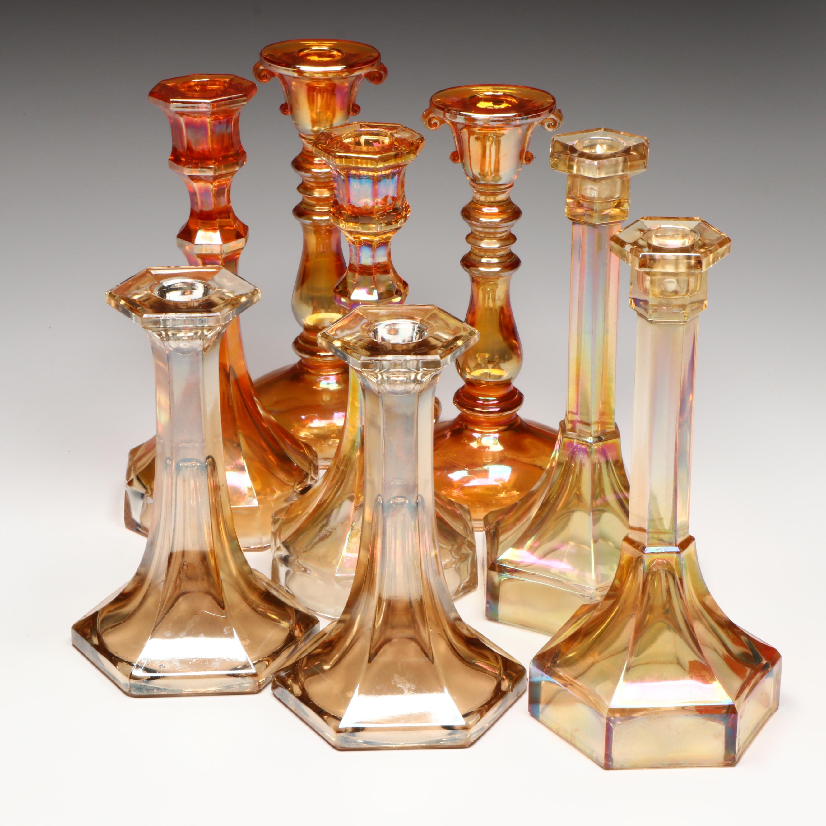 Jeannette, Indiana with Other Marigold Carnival Glass Candlesticks