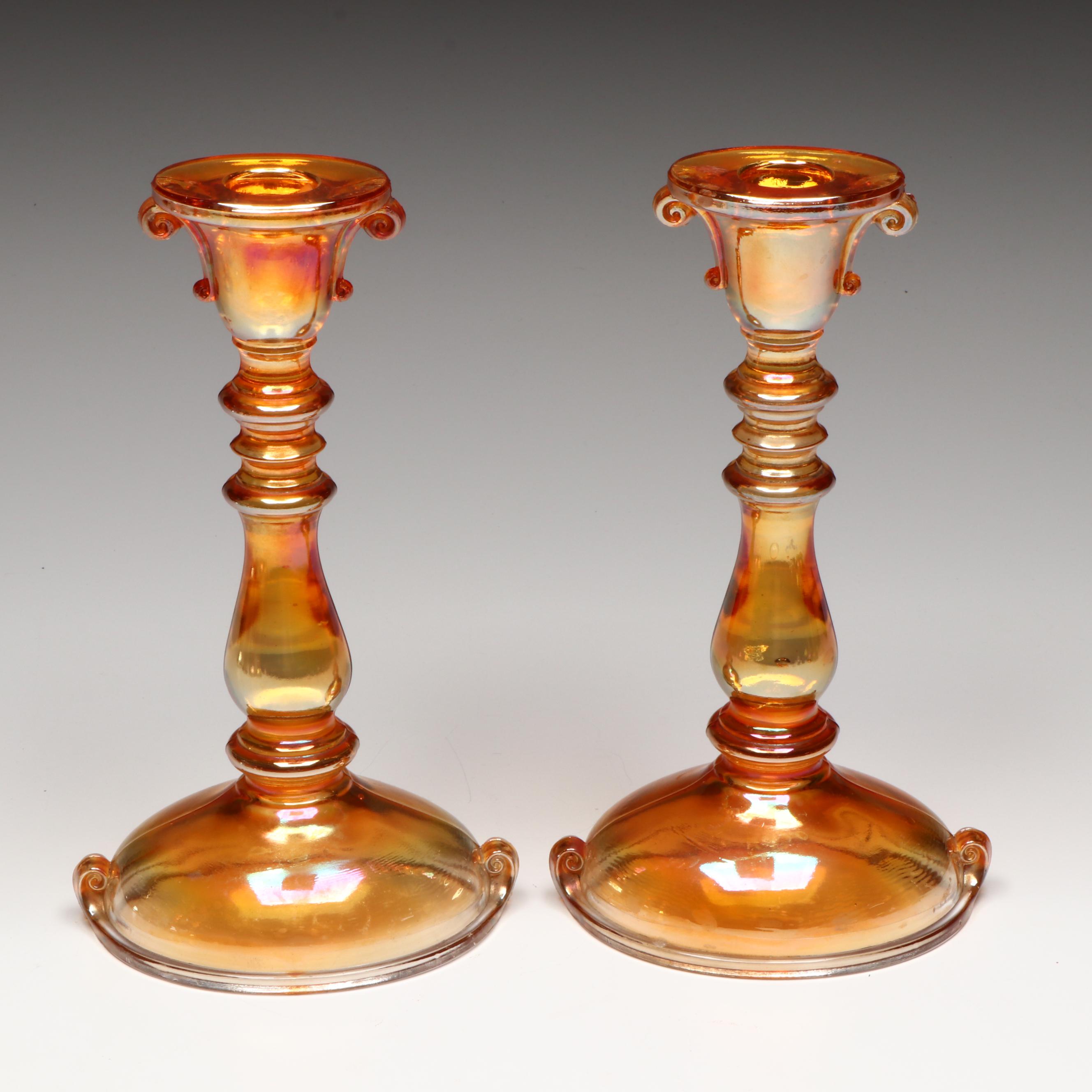 Jeannette, Indiana with Other Marigold Carnival Glass Candlesticks