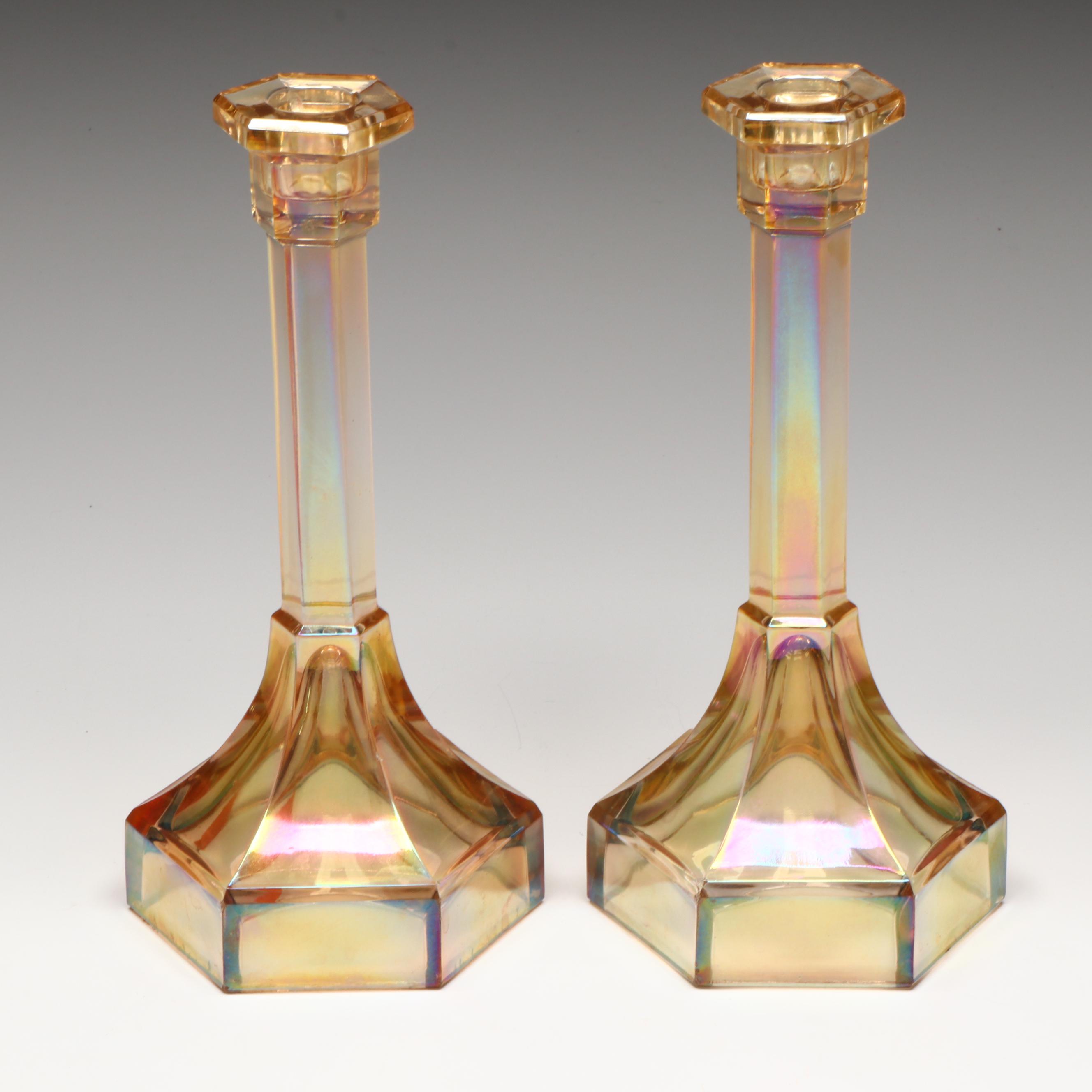 Jeannette, Indiana with Other Marigold Carnival Glass Candlesticks