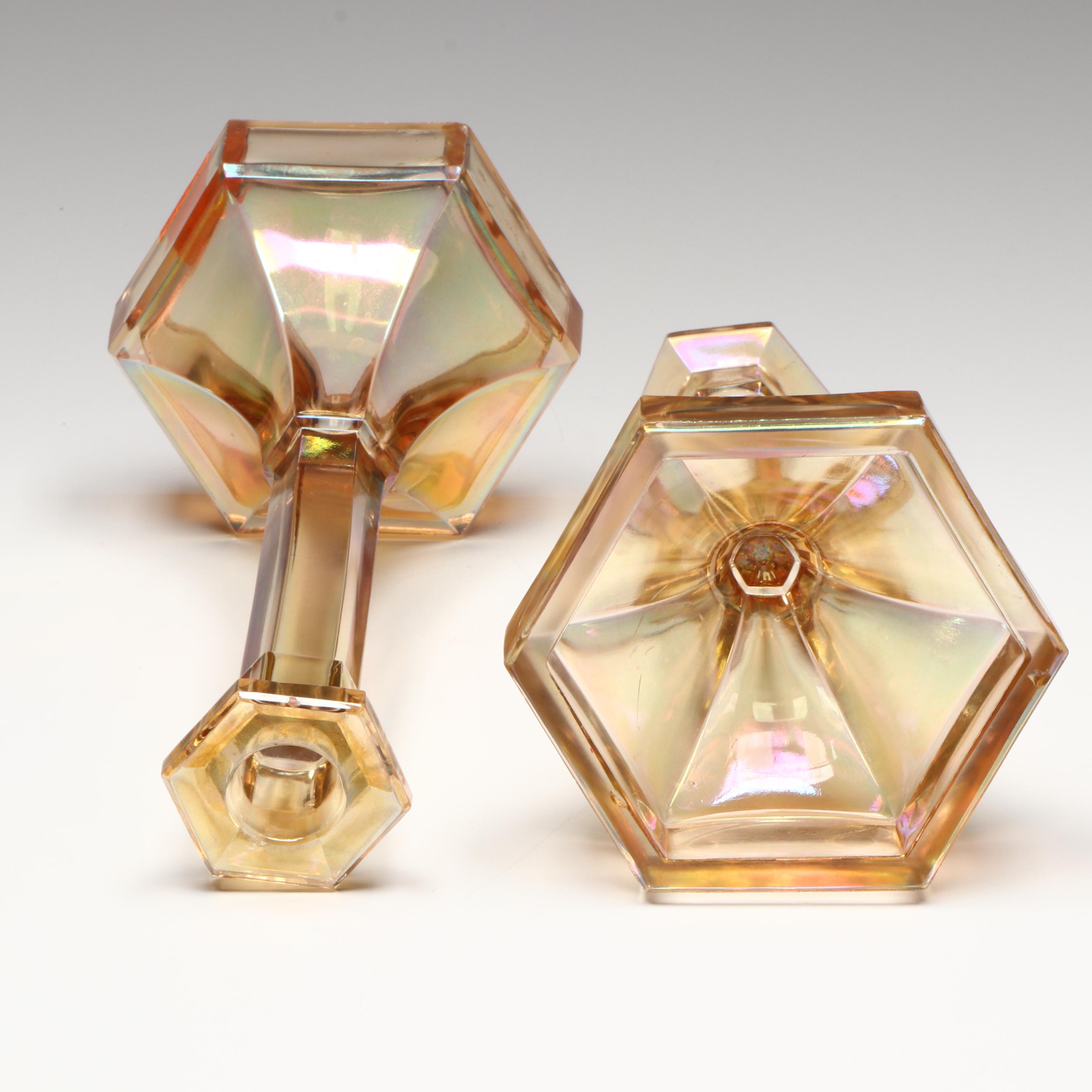 Jeannette, Indiana with Other Marigold Carnival Glass Candlesticks