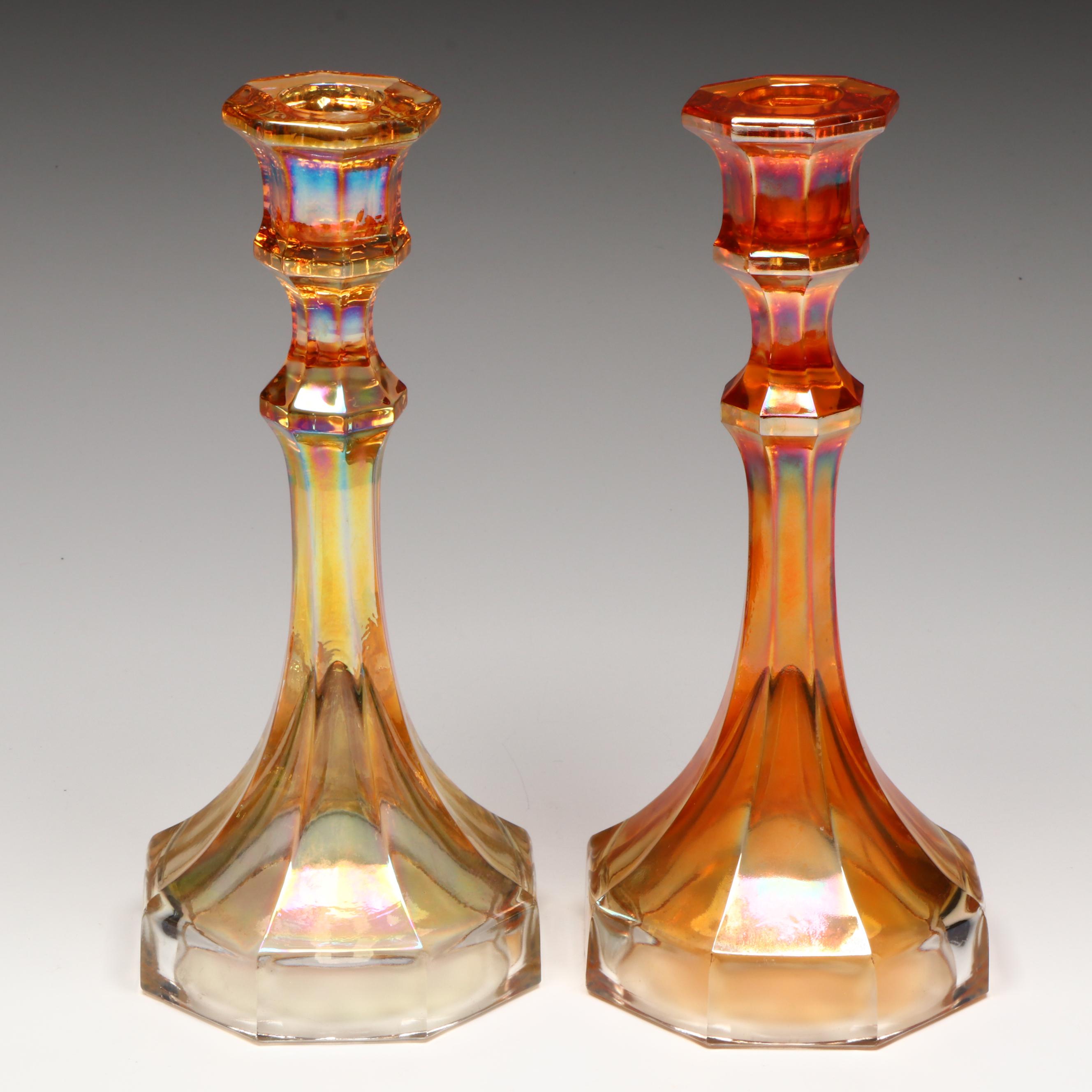 Jeannette, Indiana with Other Marigold Carnival Glass Candlesticks
