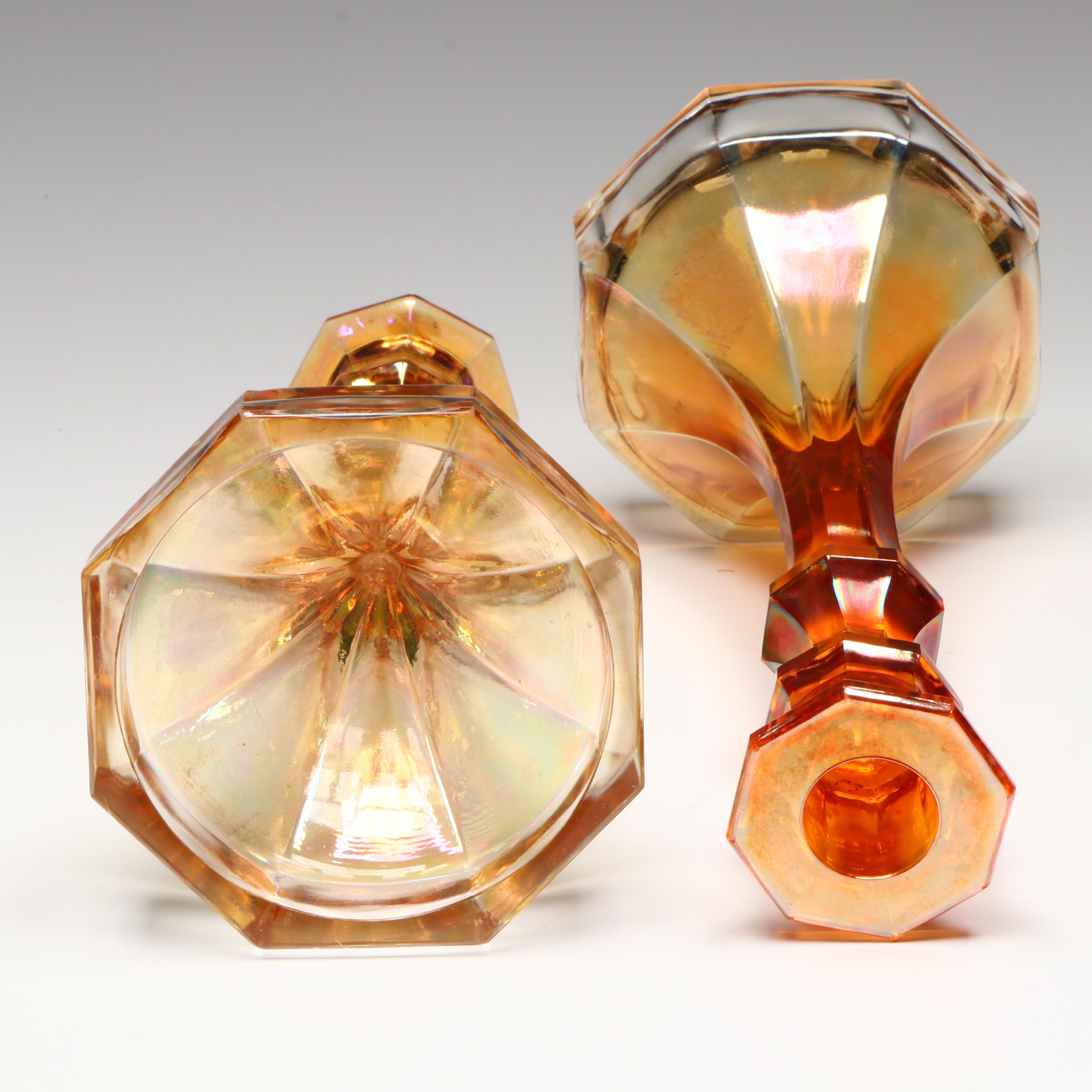 Jeannette, Indiana with Other Marigold Carnival Glass Candlesticks