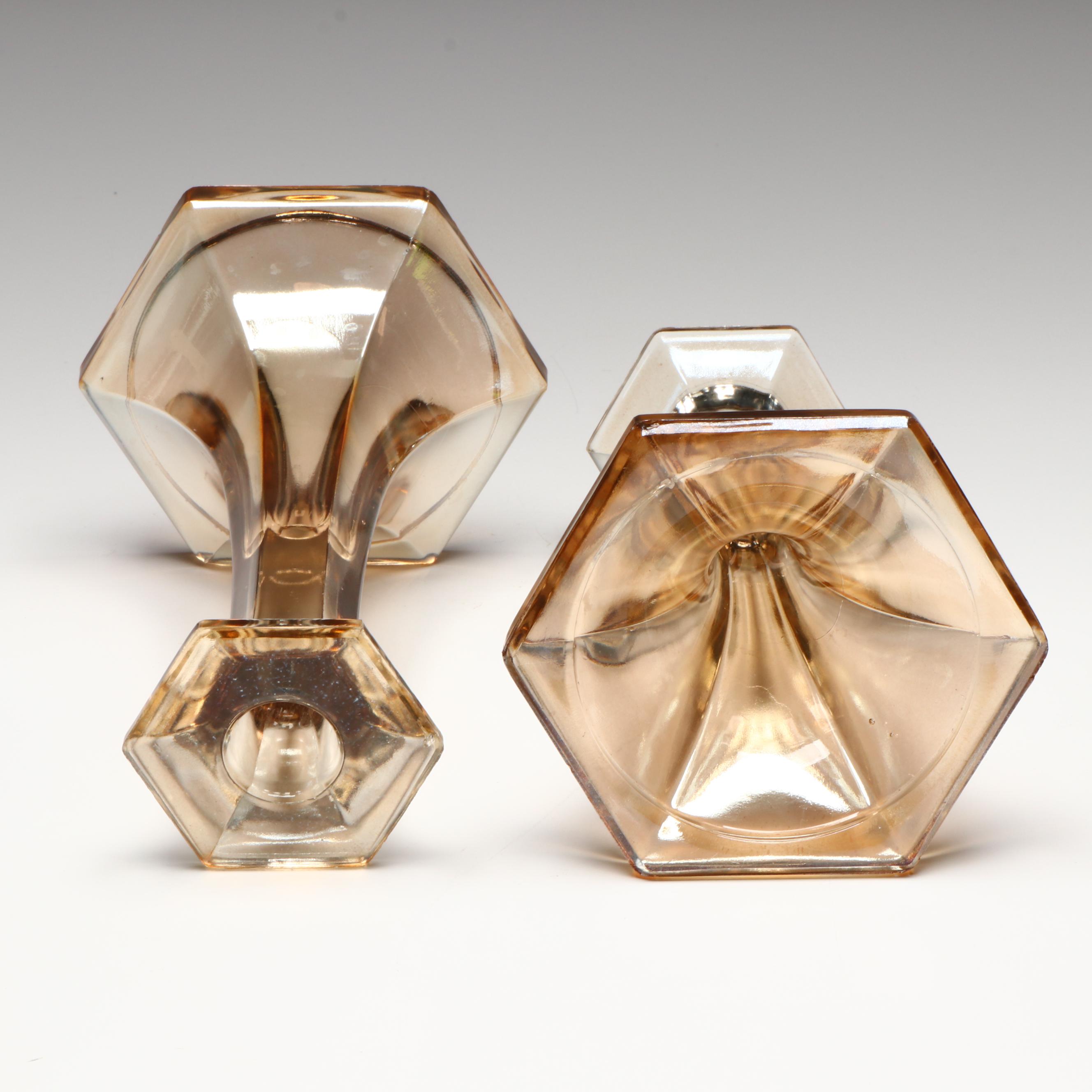 Jeannette, Indiana with Other Marigold Carnival Glass Candlesticks