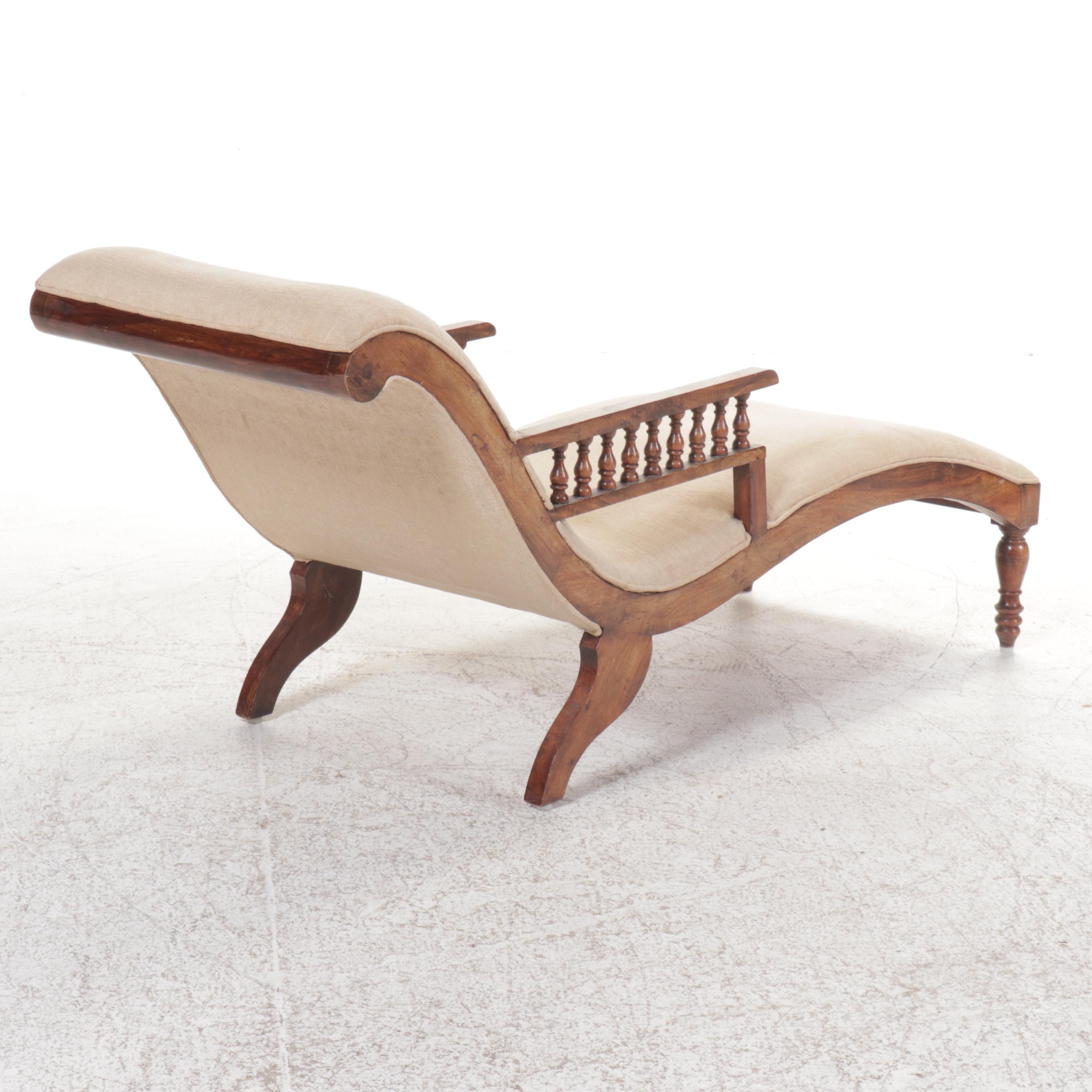 Edwardian Style Walnut Chaise Lounge with Stick and Ball Arms, Early 20th C.