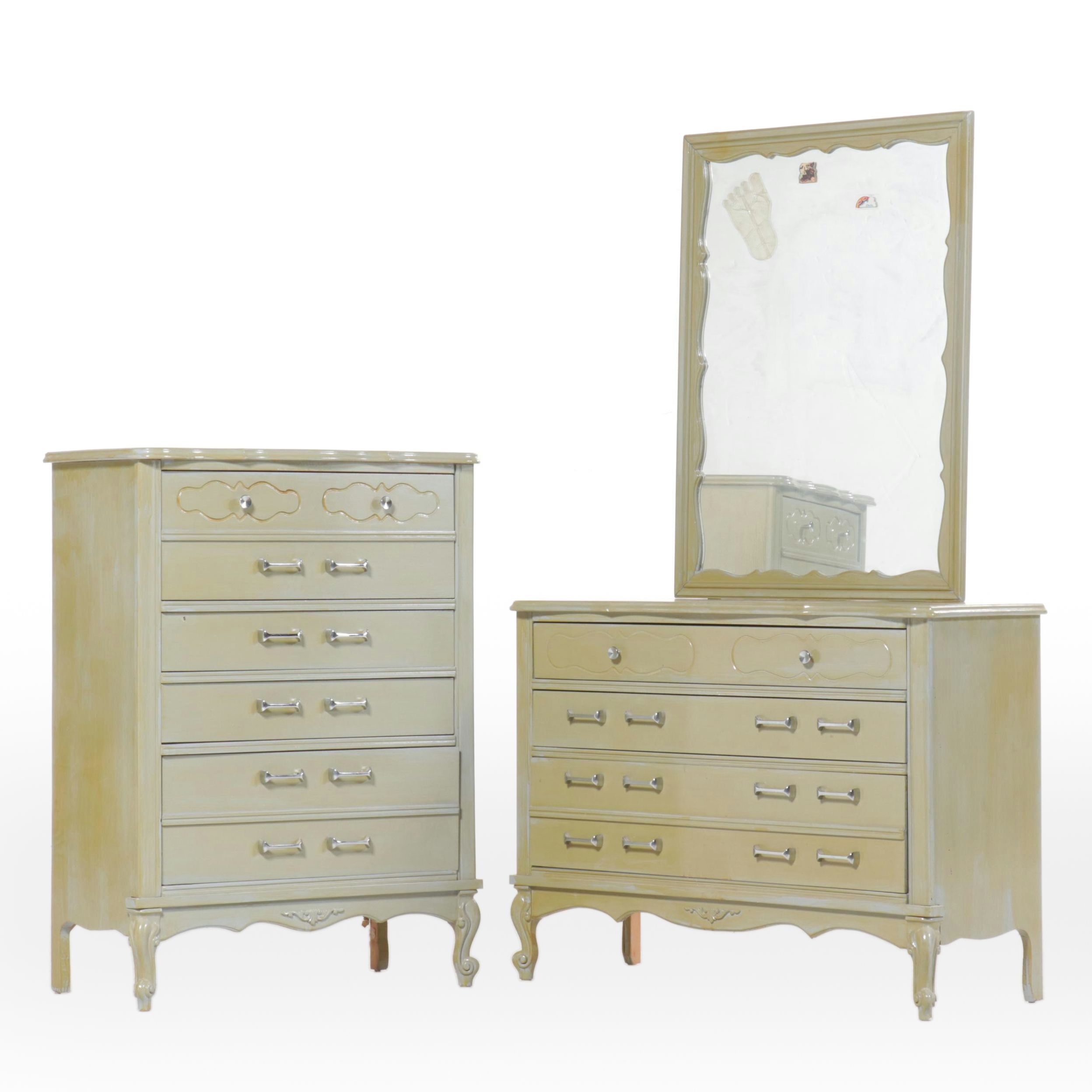 Green Painted French Provincial Style Dresser with Mirror and Chest of Drawers