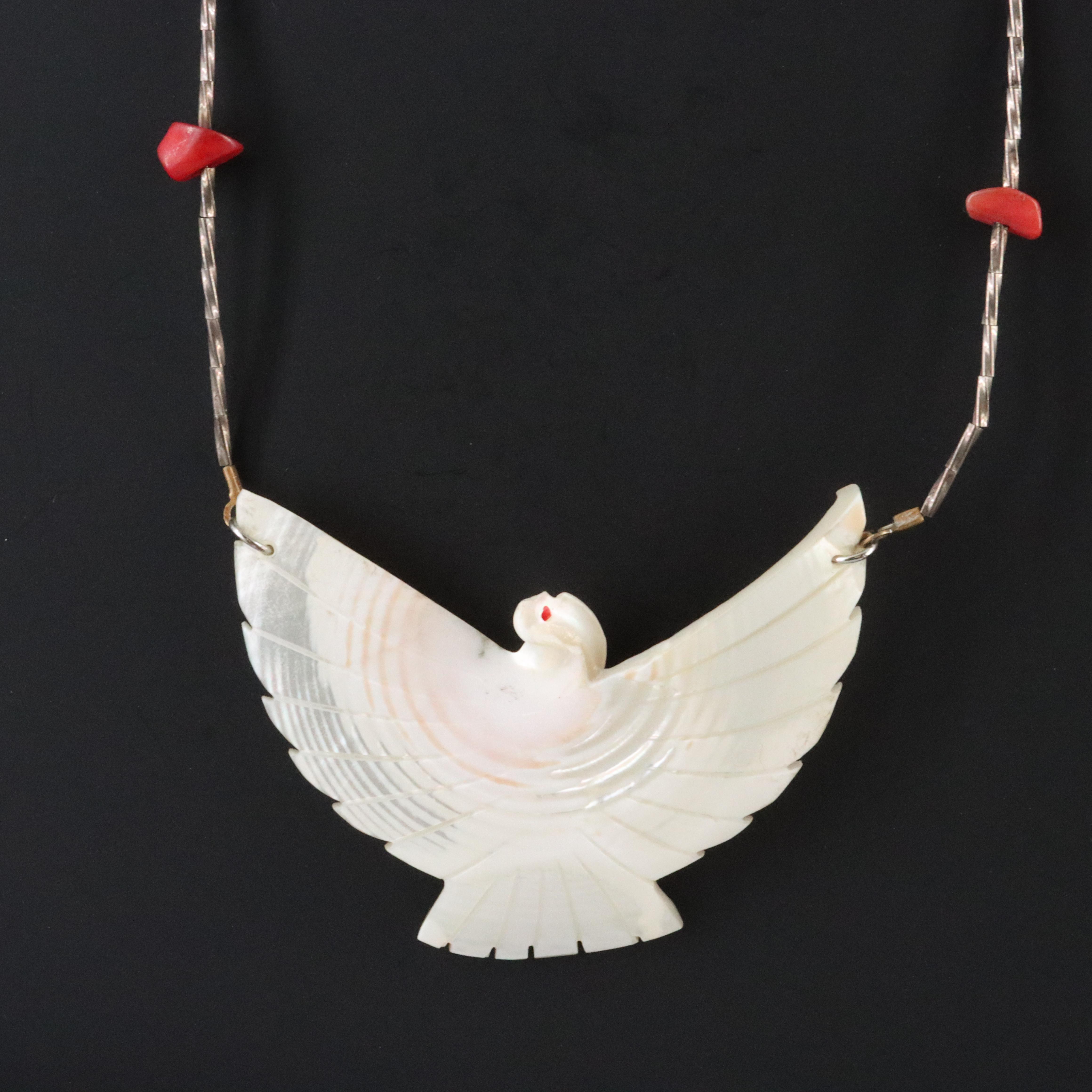 Mother-of-Pearl and Faux Coral Phoenix Pendant Necklace