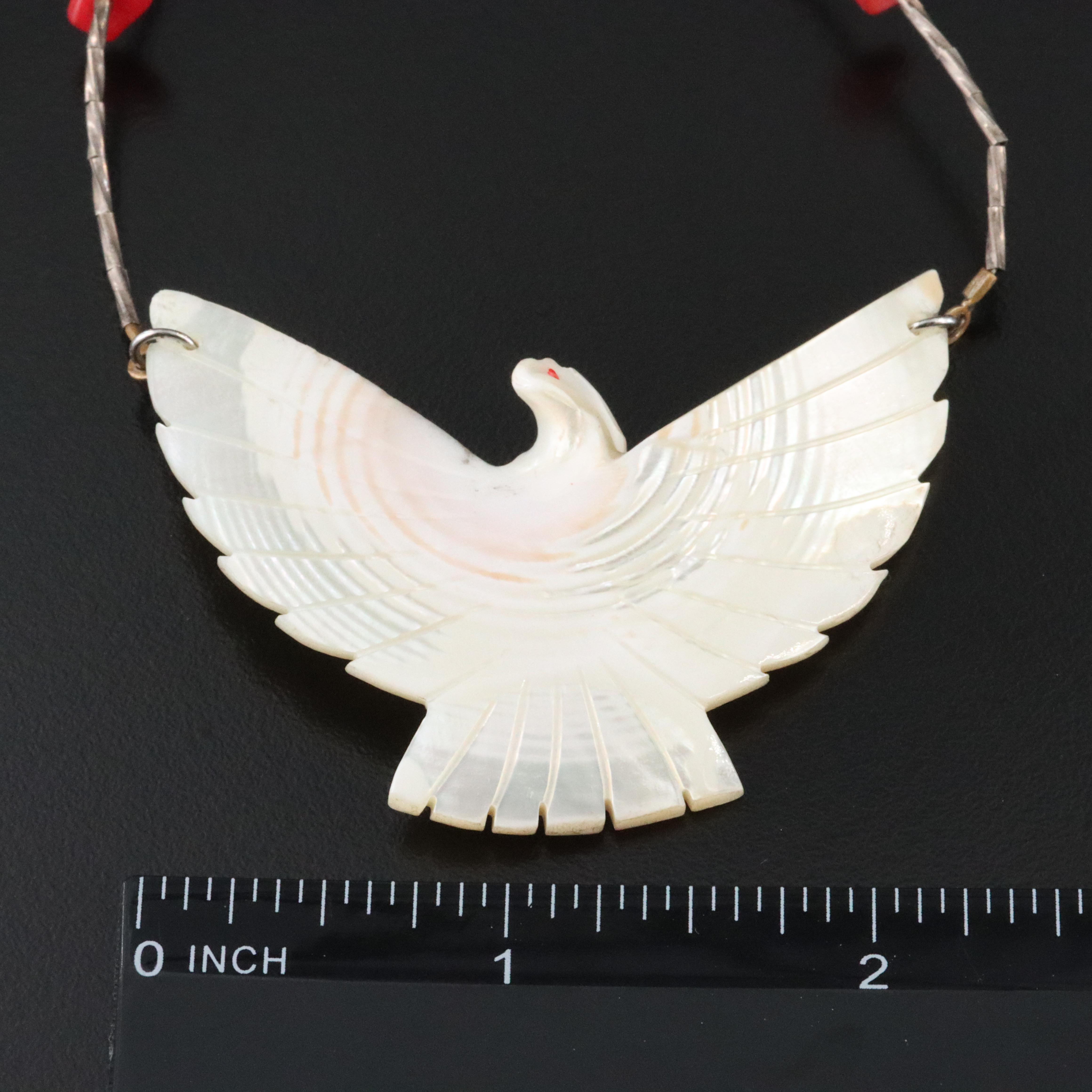 Mother-of-Pearl and Faux Coral Phoenix Pendant Necklace