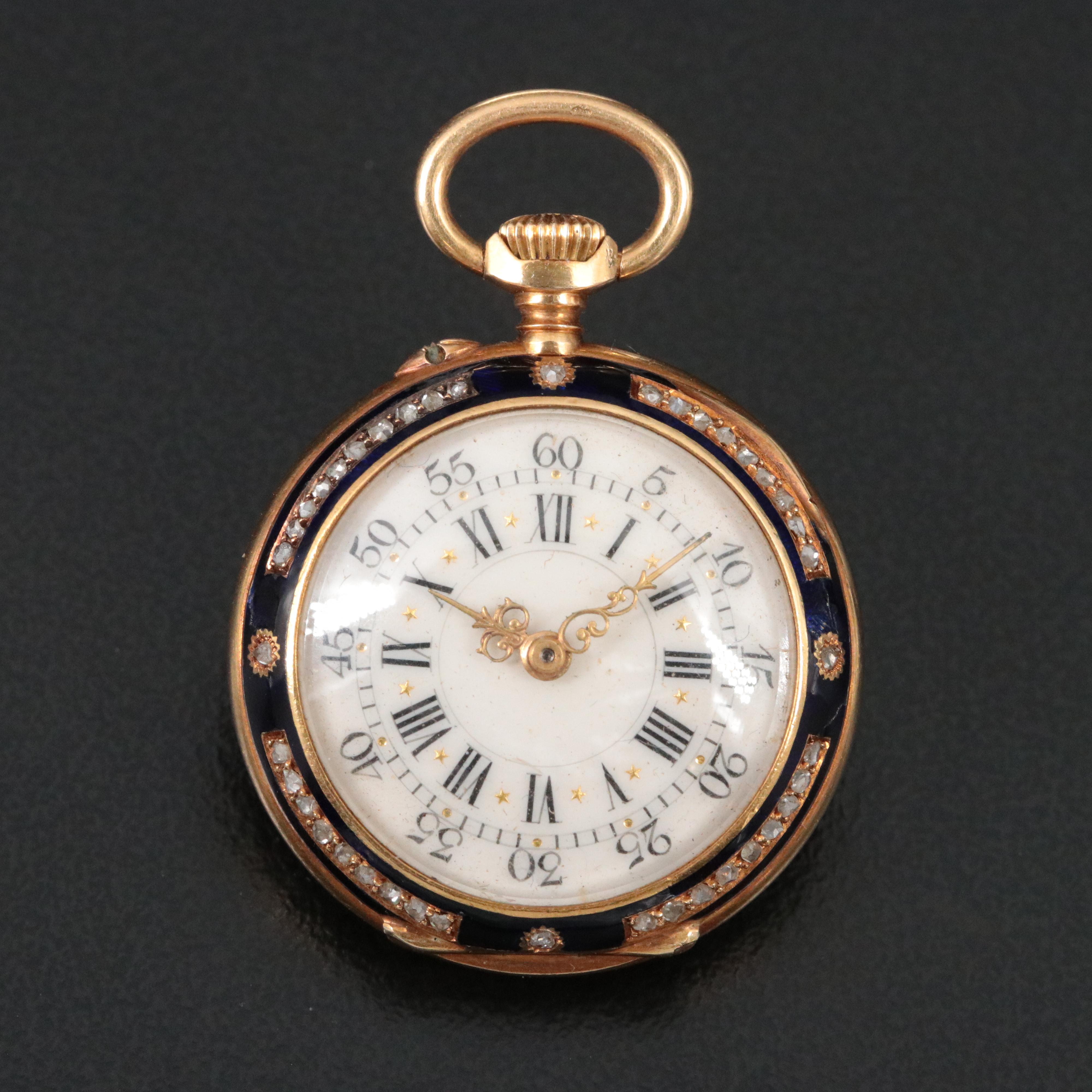 Antique 18K Blue Enamel Custom .50 CTW Diamond Pocket Watch