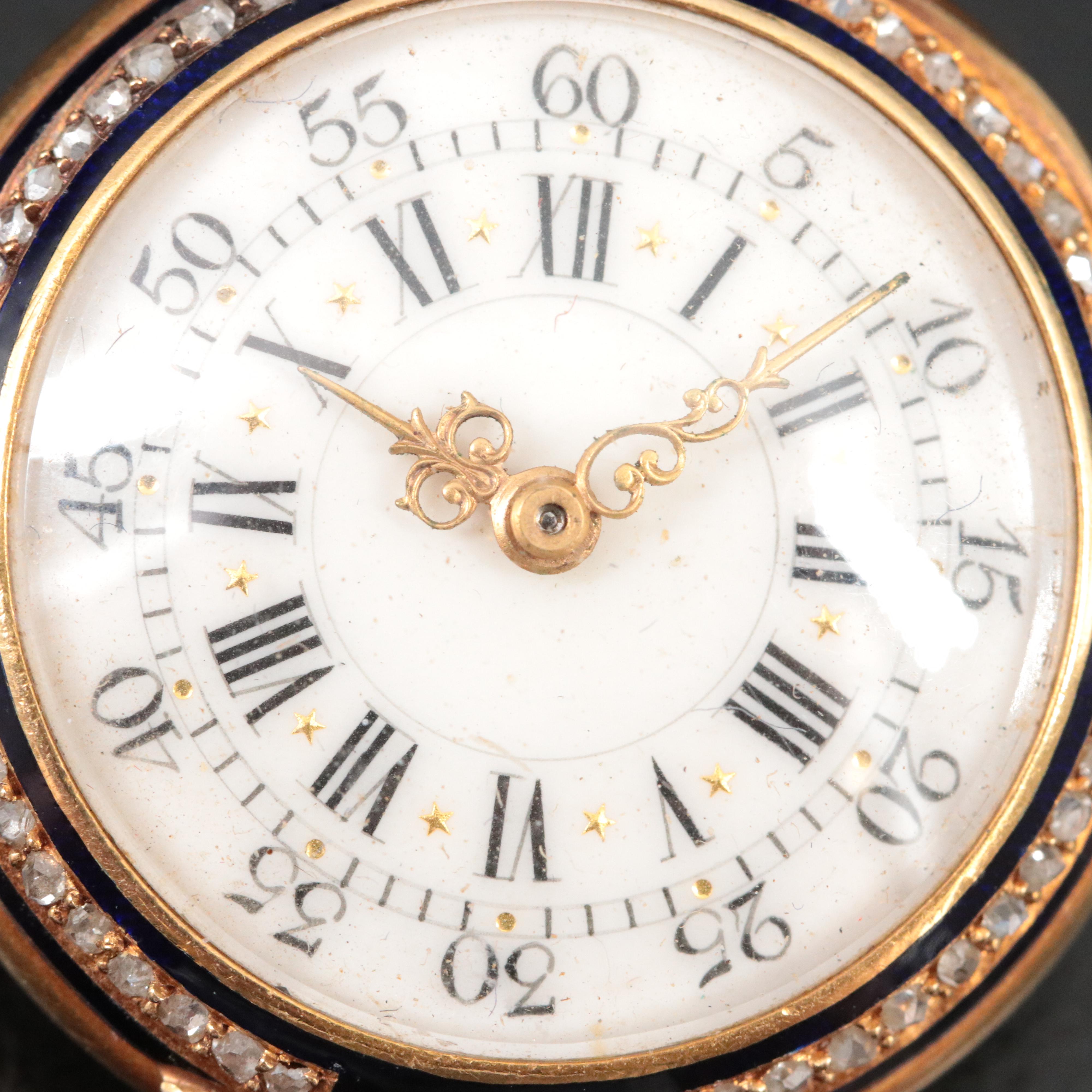 Antique 18K Blue Enamel Custom .50 CTW Diamond Pocket Watch