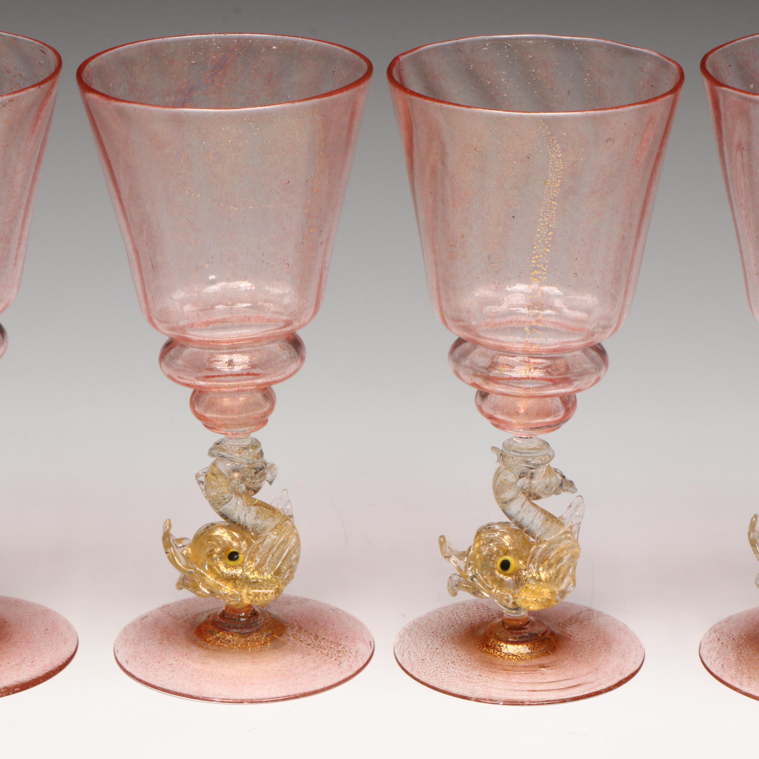 Venetian Style Blown Glass Rococo Dolphin Stem Goblets and Table Accessories
