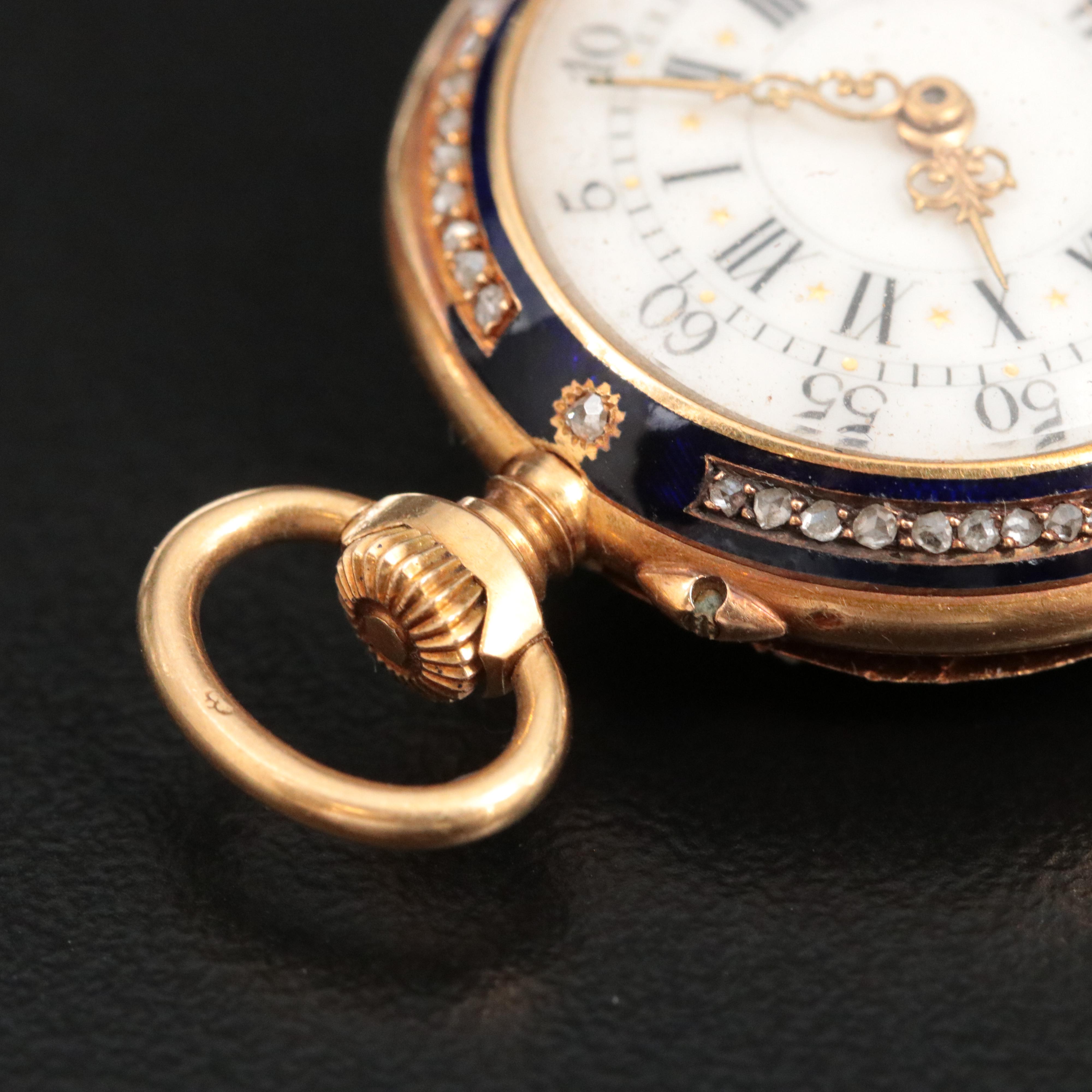 Antique 18K Blue Enamel Custom .50 CTW Diamond Pocket Watch