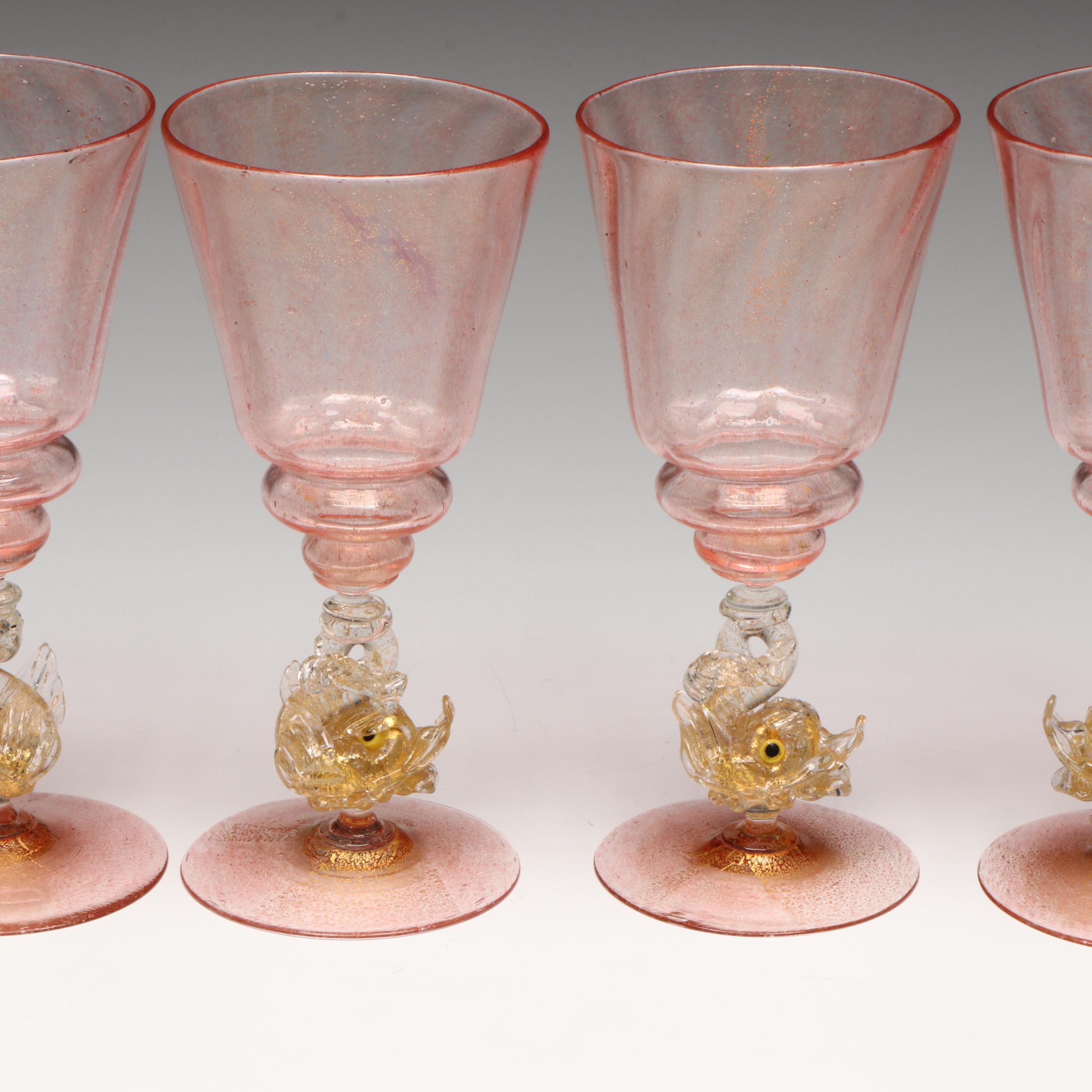 Venetian Style Blown Glass Rococo Dolphin Stem Goblets and Table Accessories