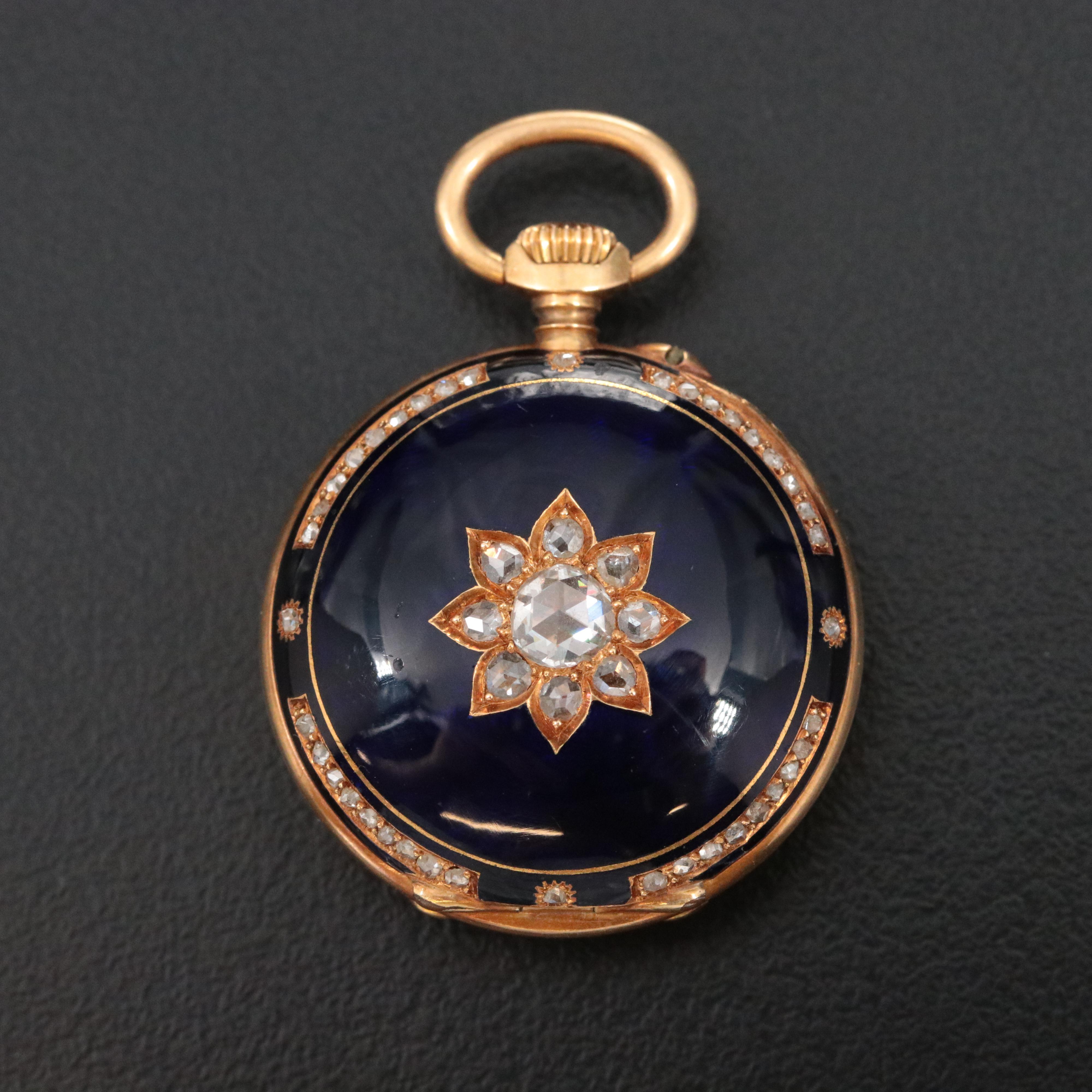 Antique 18K Blue Enamel Custom .50 CTW Diamond Pocket Watch