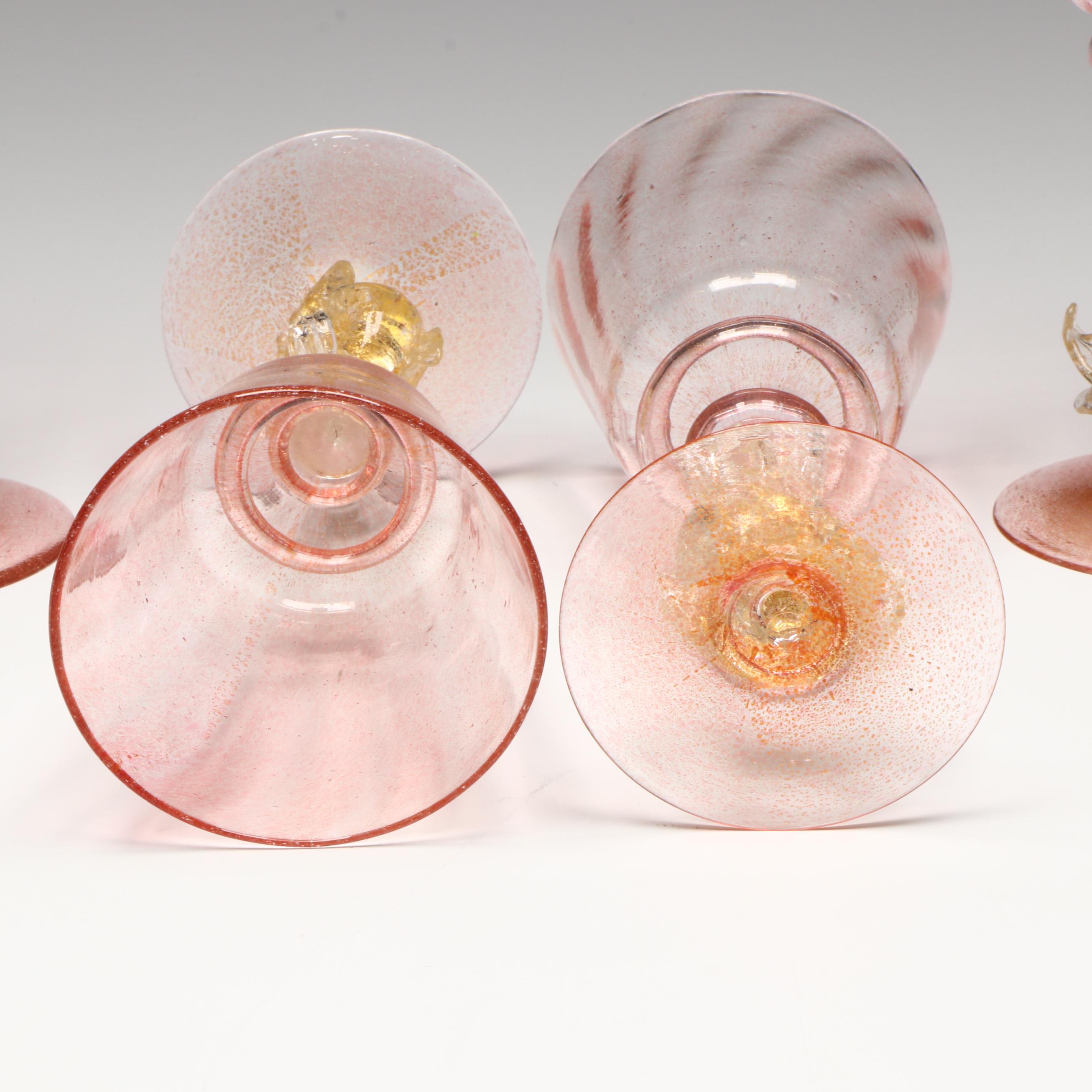 Venetian Style Blown Glass Rococo Dolphin Stem Goblets and Table Accessories