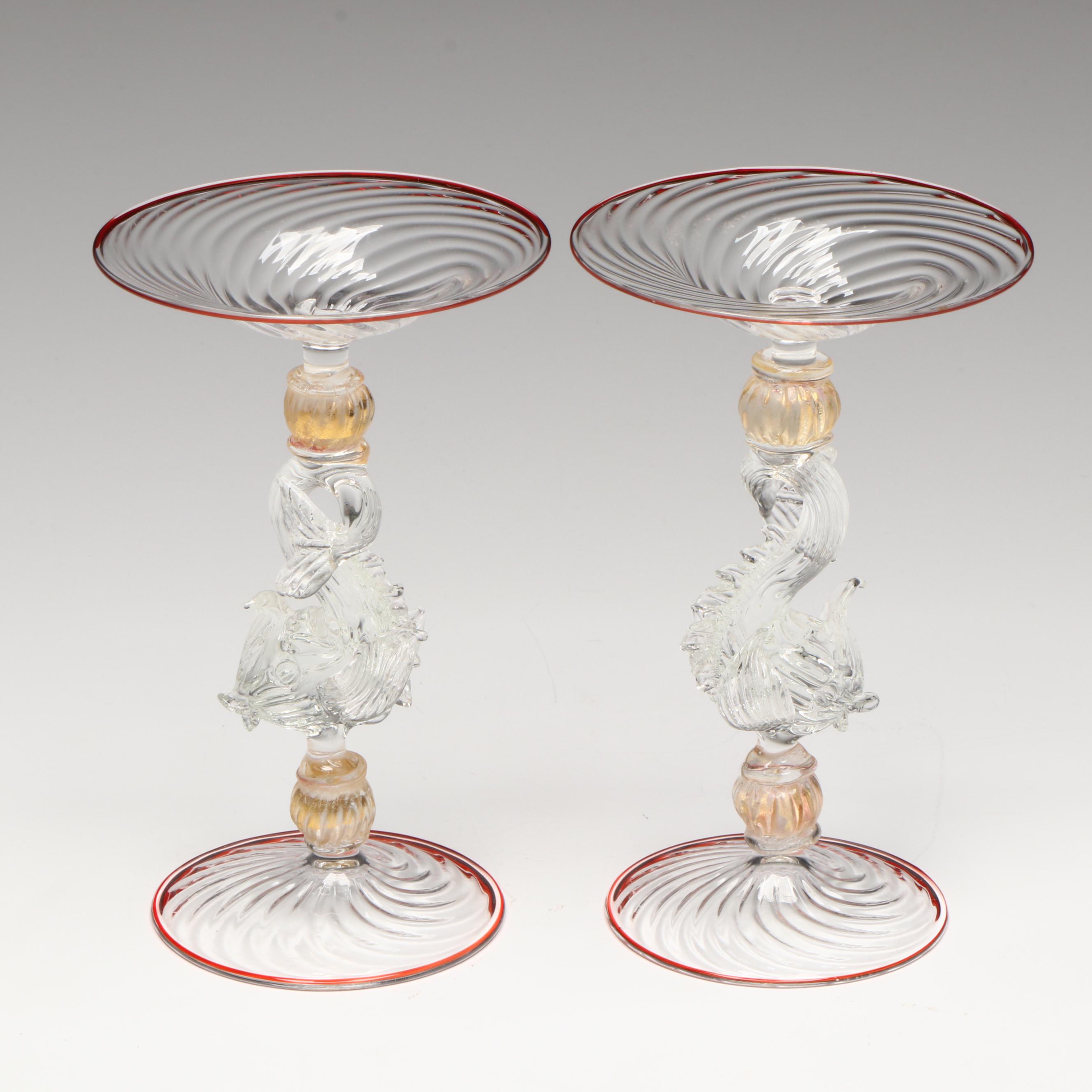 Venetian Style Blown Glass Rococo Dolphin Stem Goblets and Table Accessories