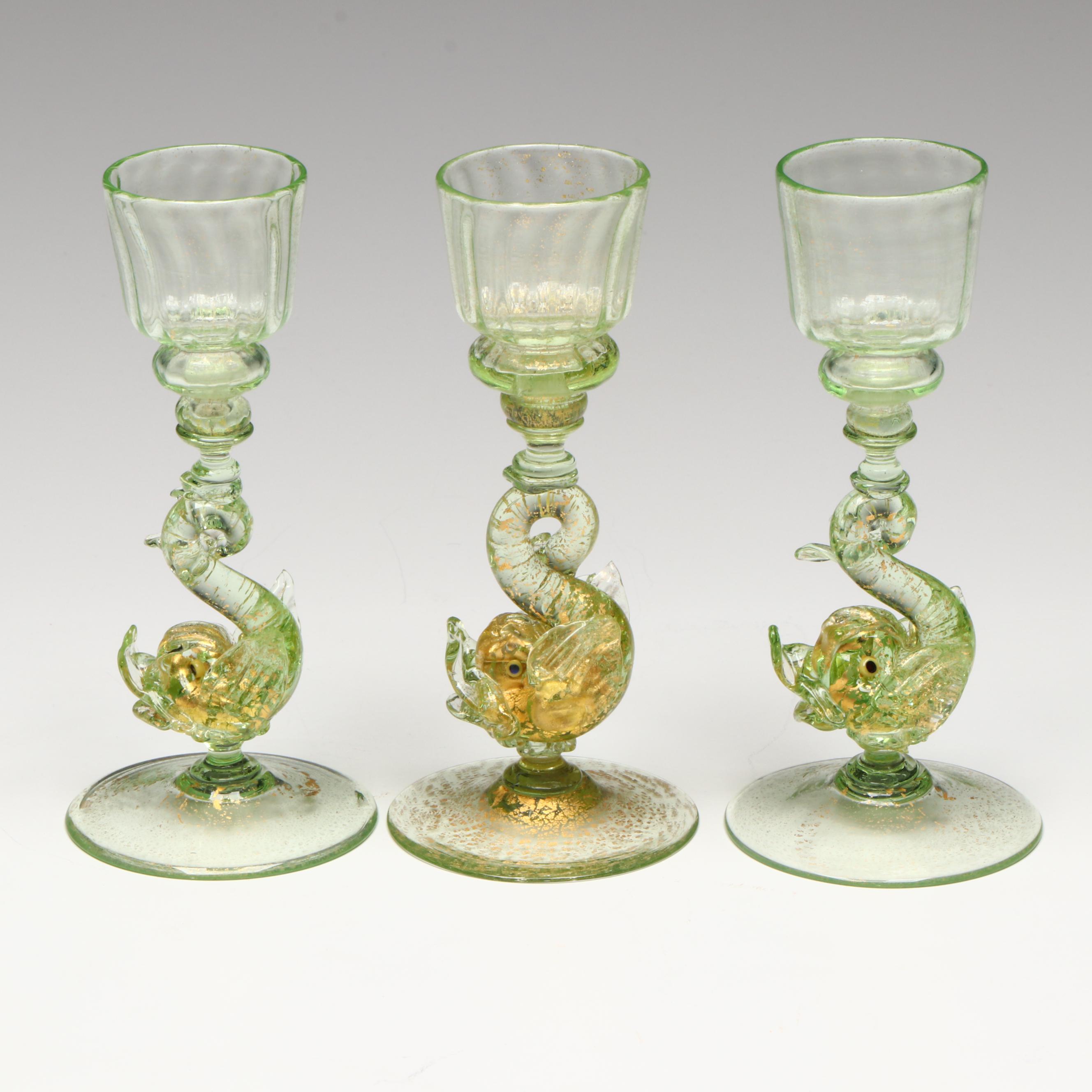 Venetian Style Blown Glass Rococo Dolphin Stem Goblets and Table Accessories