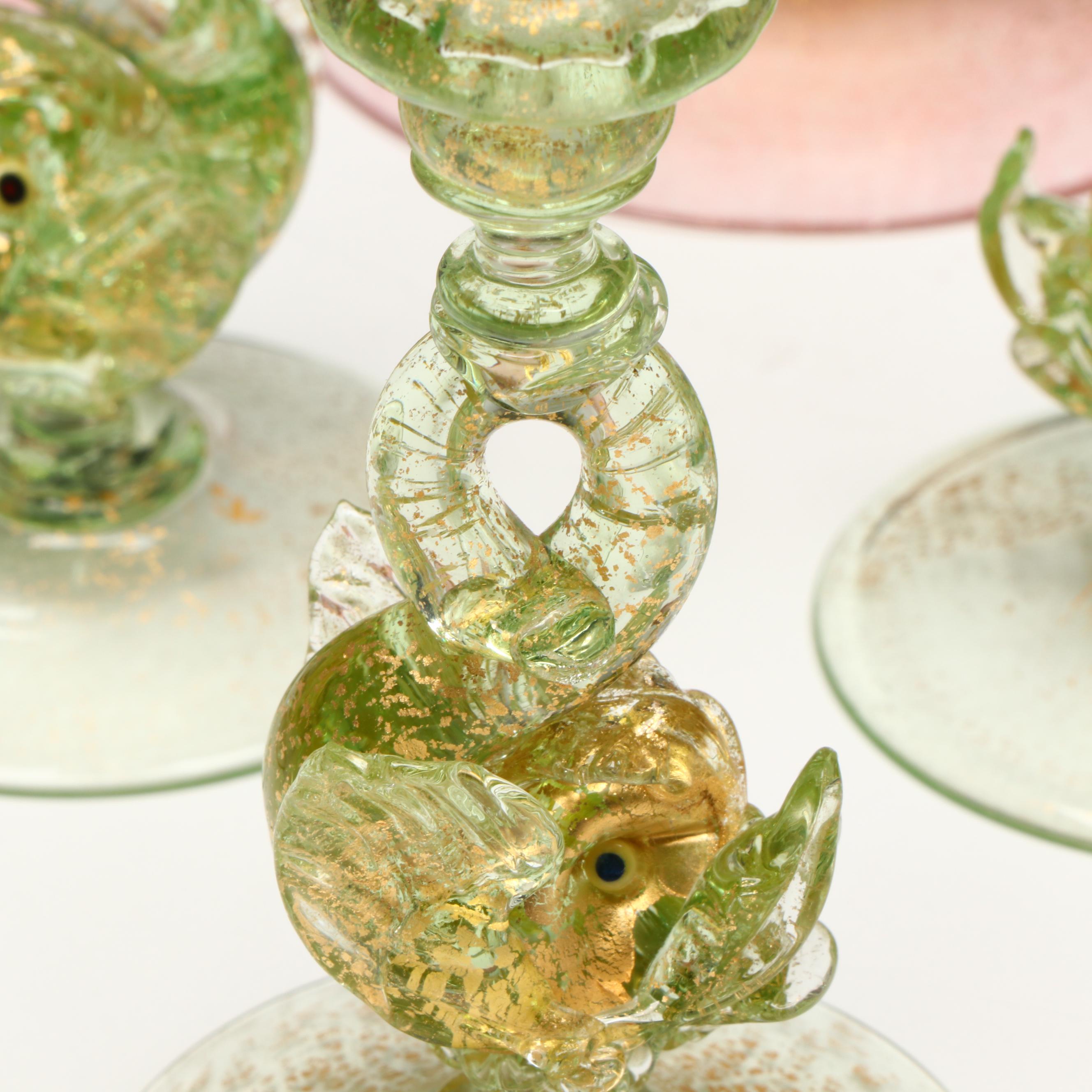 Venetian Style Blown Glass Rococo Dolphin Stem Goblets and Table Accessories