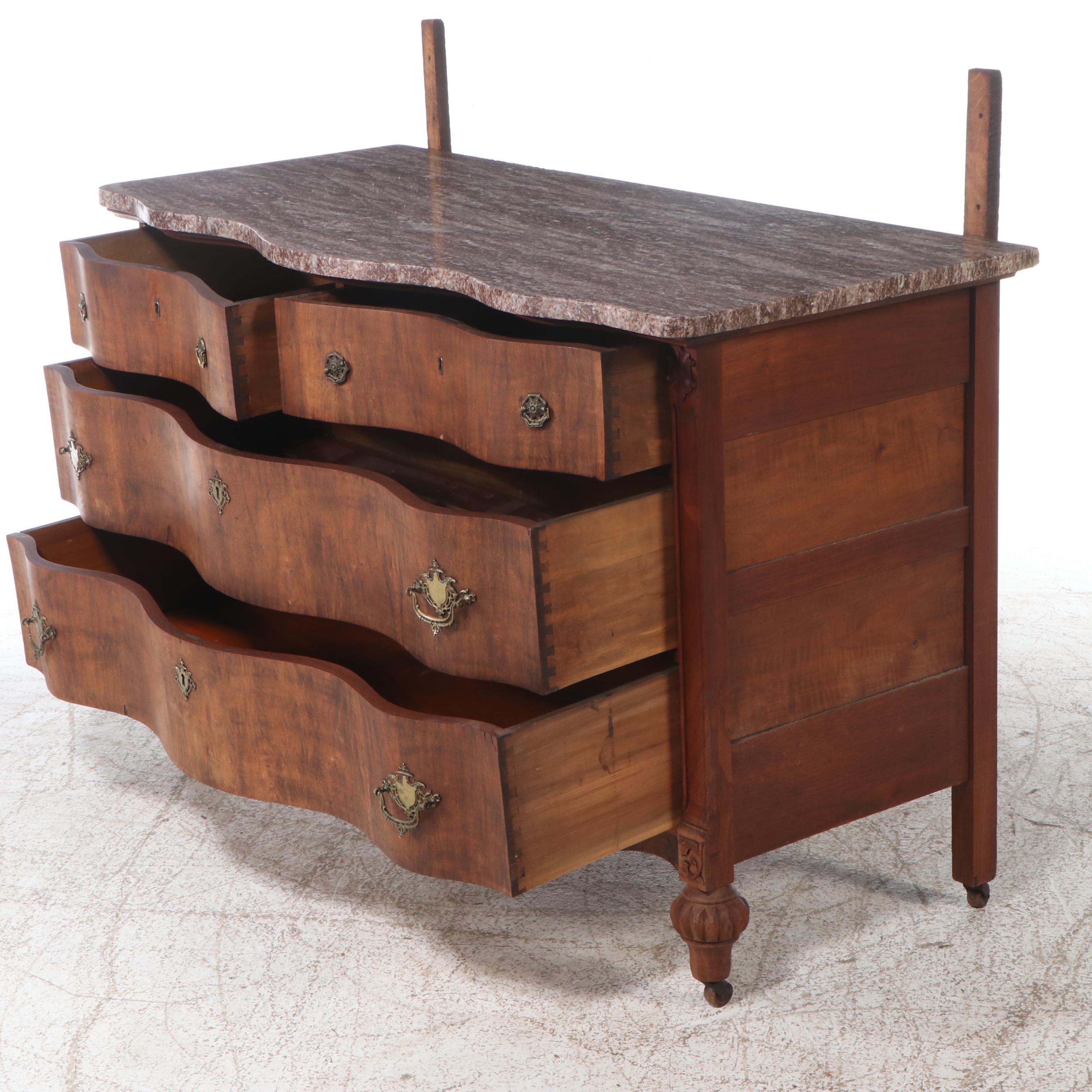 Serpentine Front Burl Wood Dresser with Marble Top