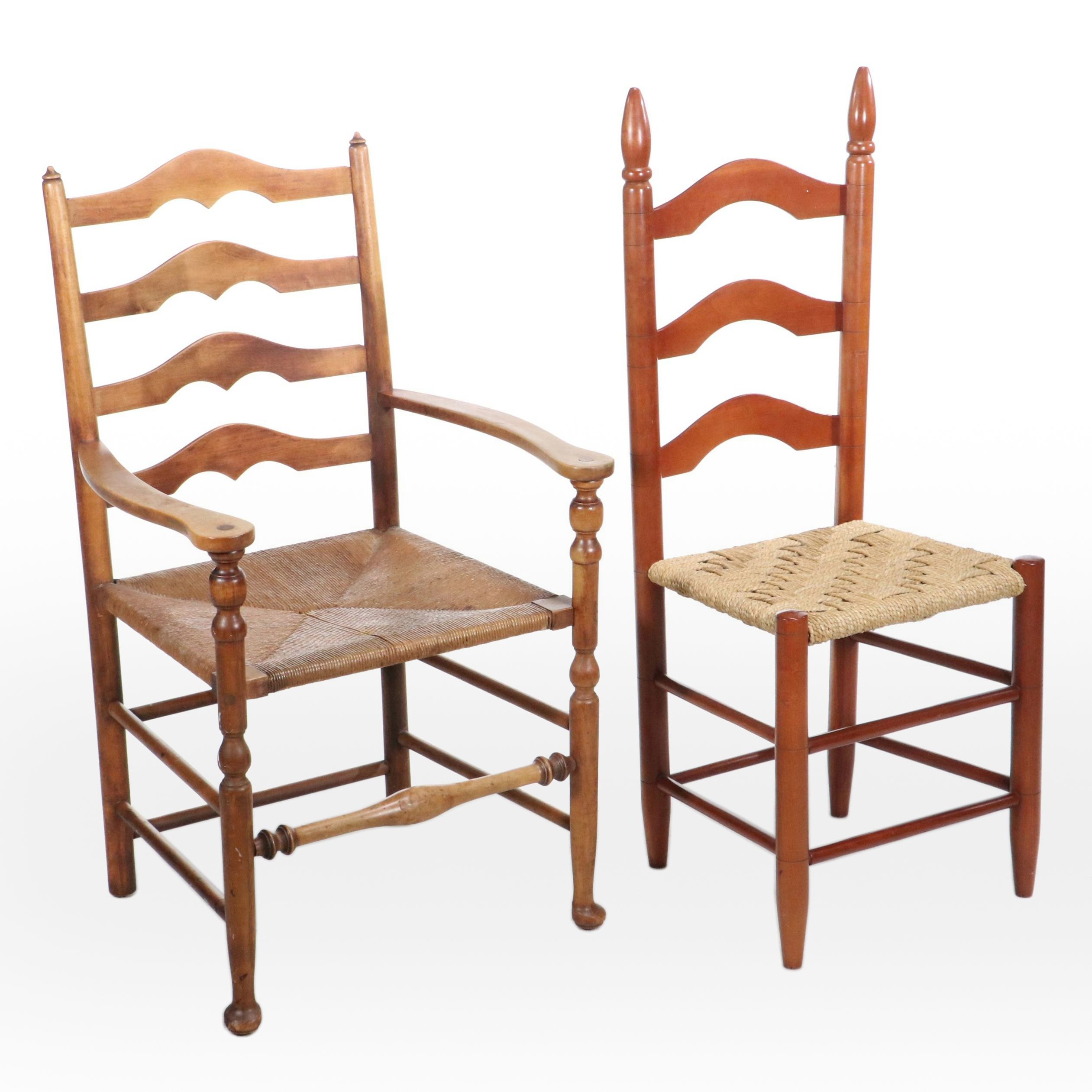 Wood Ladder-Back Armchair with Rush Seat and Side Chair with Woven Cord Seat