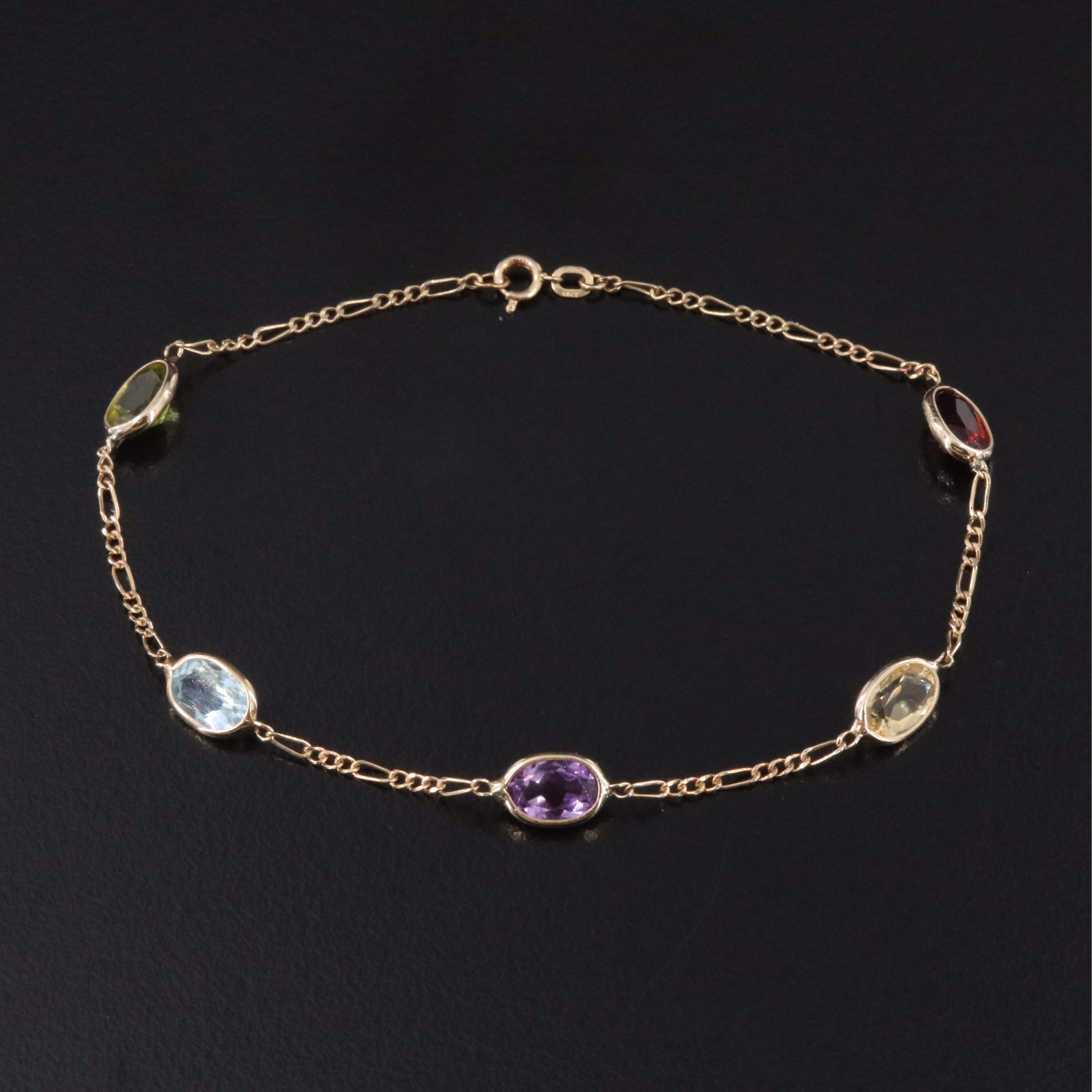 14K Gemstone Station Figaro Link Bracelet Including Garnet and Amethyst