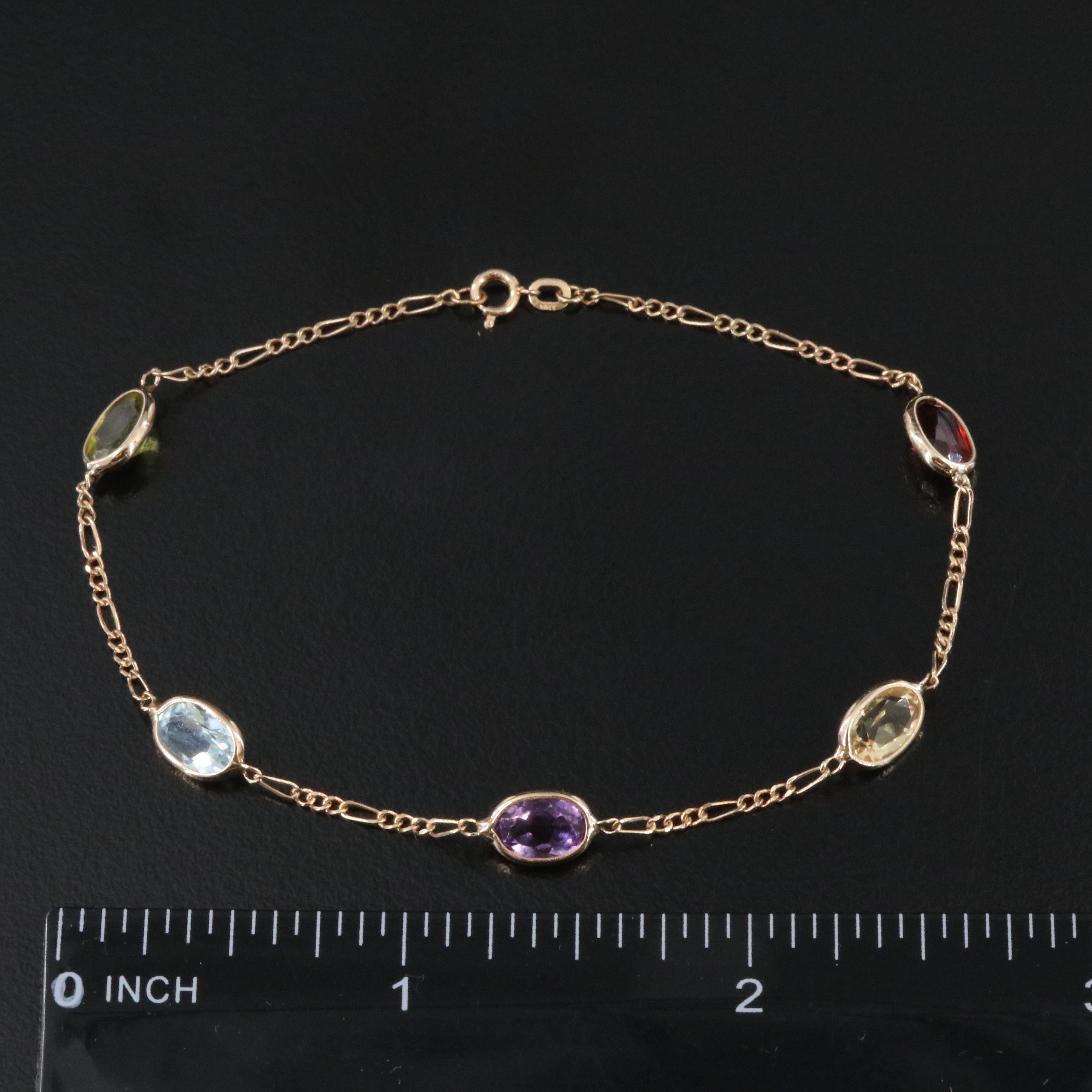 14K Gemstone Station Figaro Link Bracelet Including Garnet and Amethyst