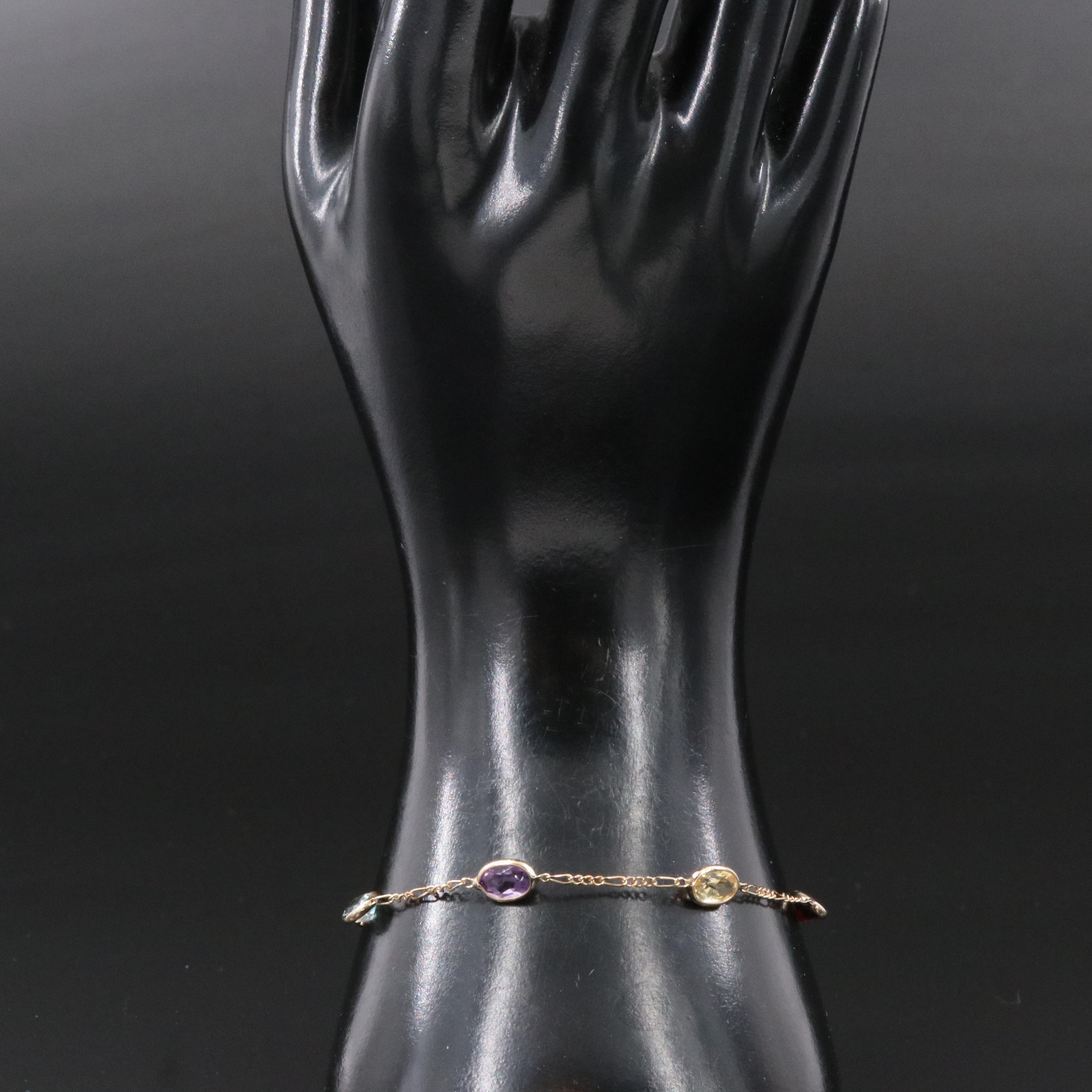 14K Gemstone Station Figaro Link Bracelet Including Garnet and Amethyst