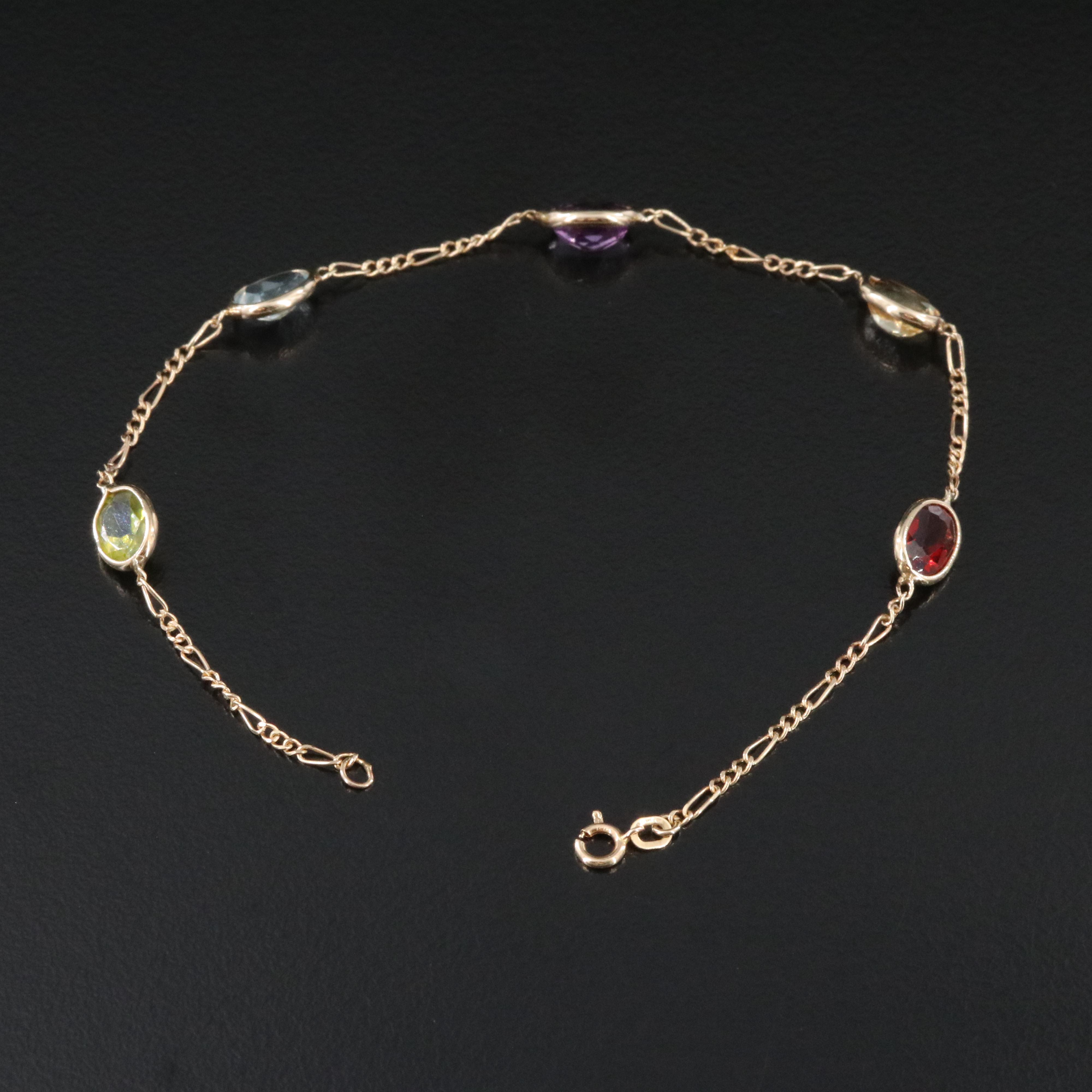 14K Gemstone Station Figaro Link Bracelet Including Garnet and Amethyst