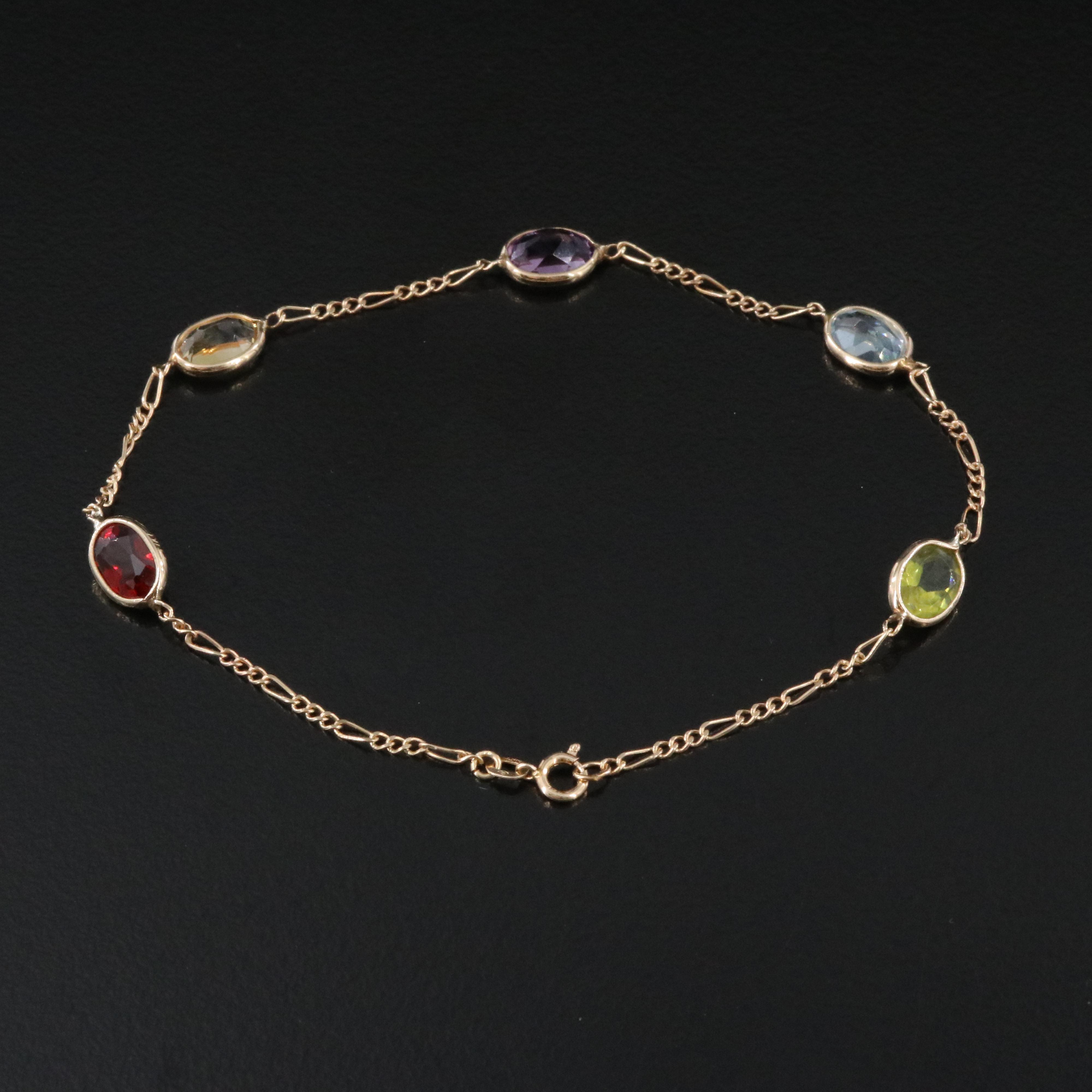 14K Gemstone Station Figaro Link Bracelet Including Garnet and Amethyst