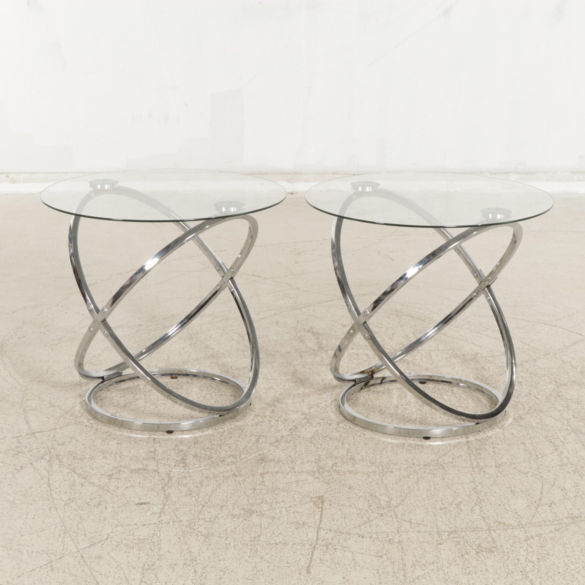 Pair of Contemporary Glass-Top  Metal Side Tables