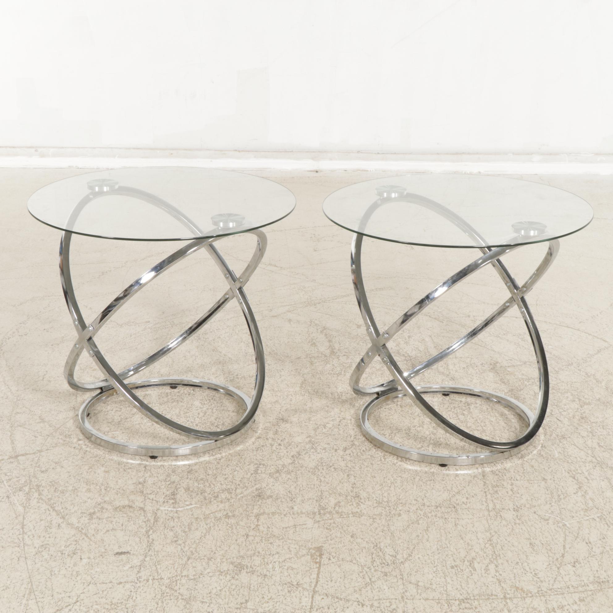 Pair of Contemporary Glass-Top  Metal Side Tables
