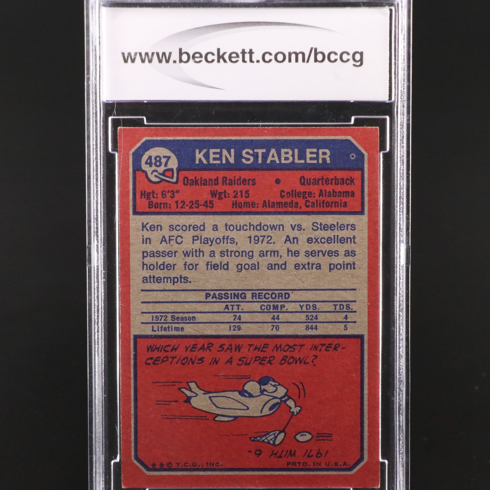 1973 Topps Ken Stabler Oakland Raiders Rookie Football Card Graded BCCG 8
