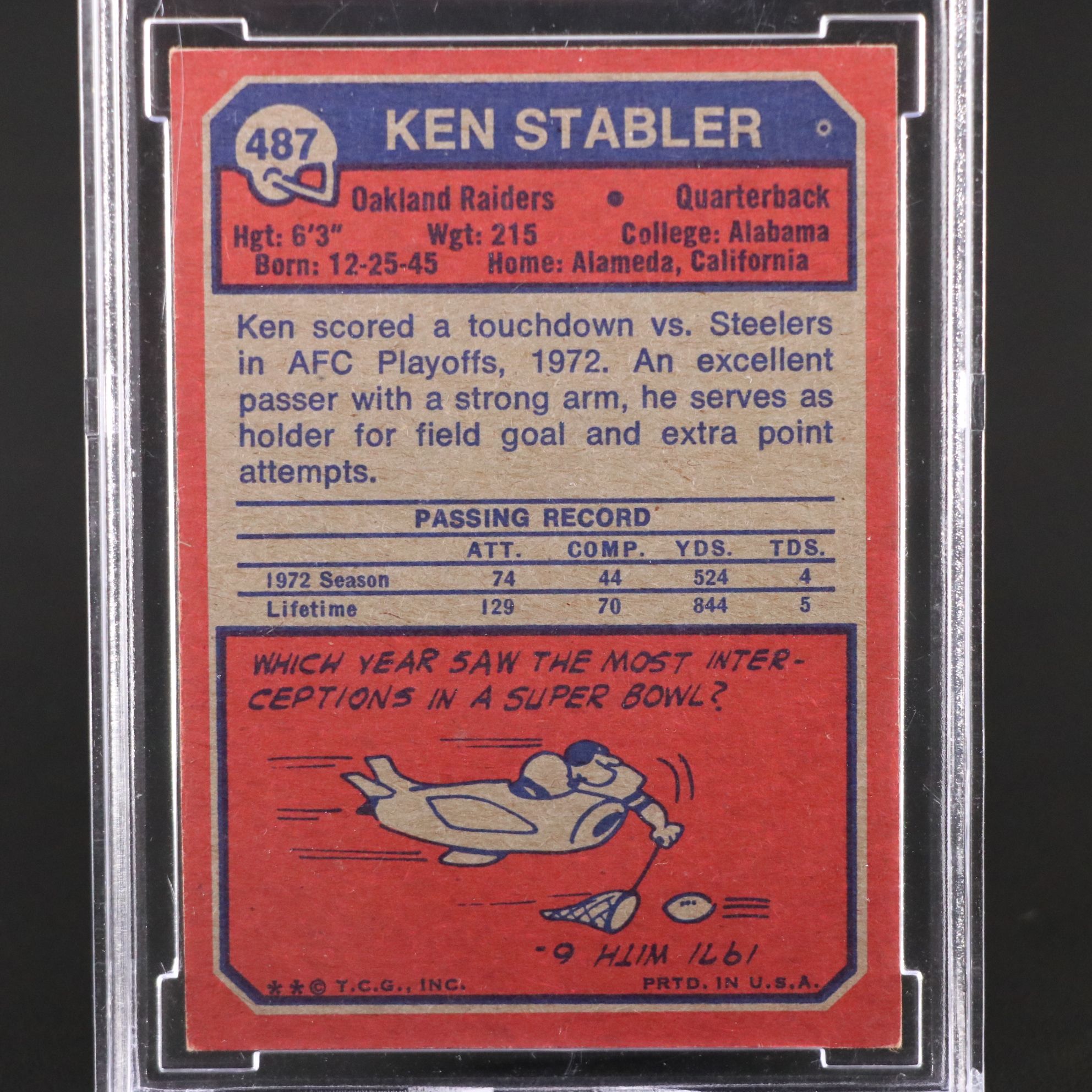 1973 Topps Ken Stabler Oakland Raiders Rookie Football Card Graded BCCG 8