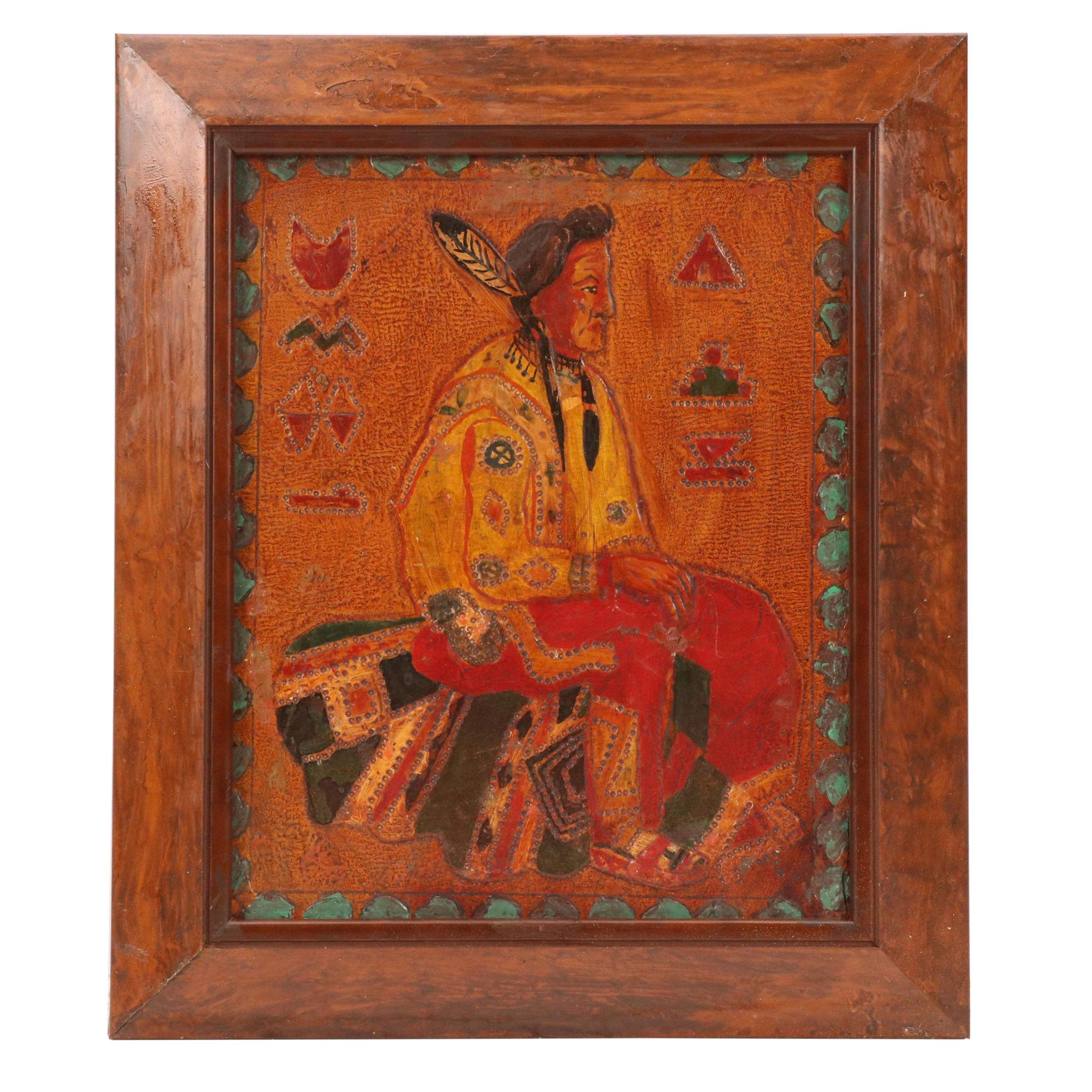 Hand-Painted Carved Wood Panel of Native American Portrait