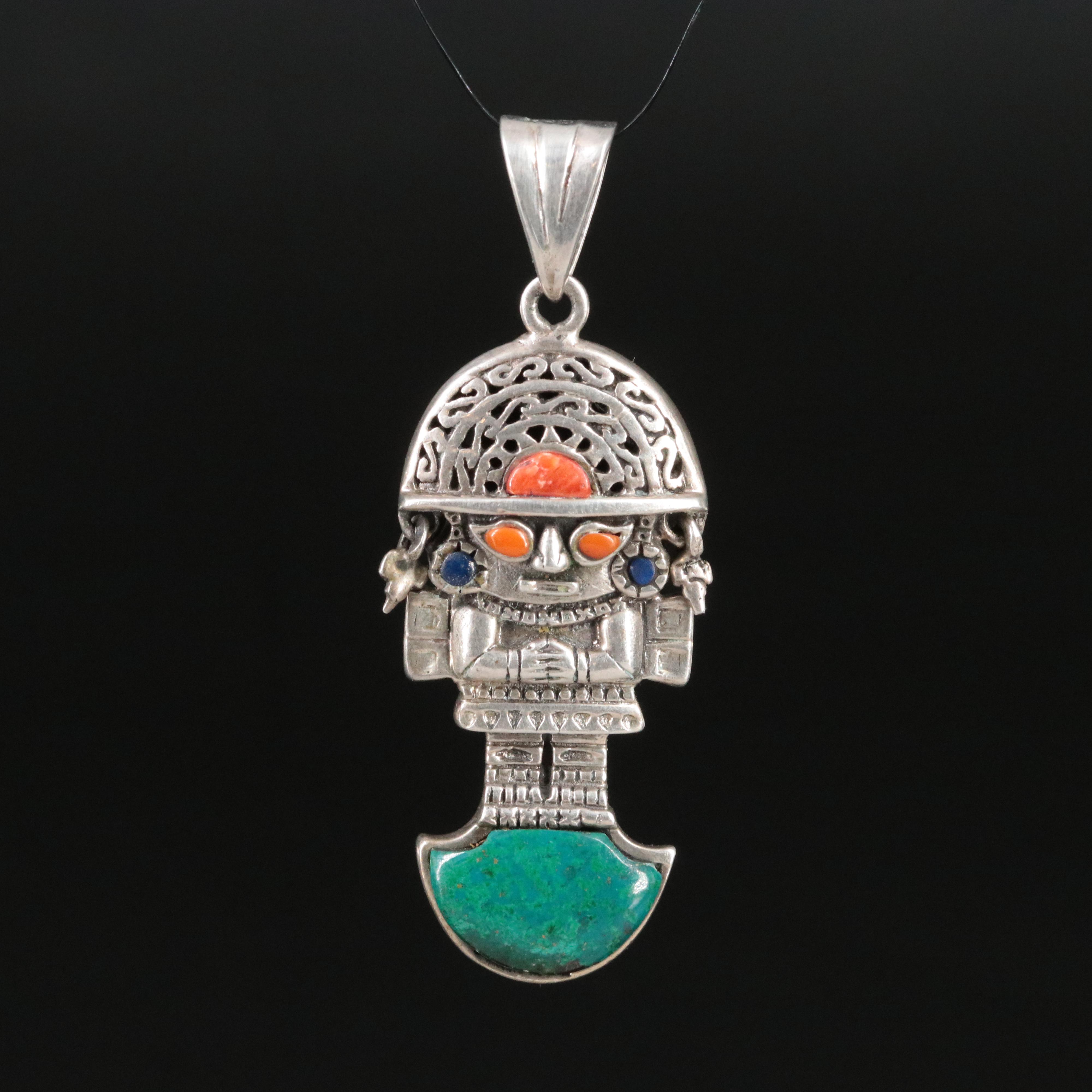 .950 Sterling, Eilat, Coral and Lapis Lazuli Peruvian Tumi Pendant