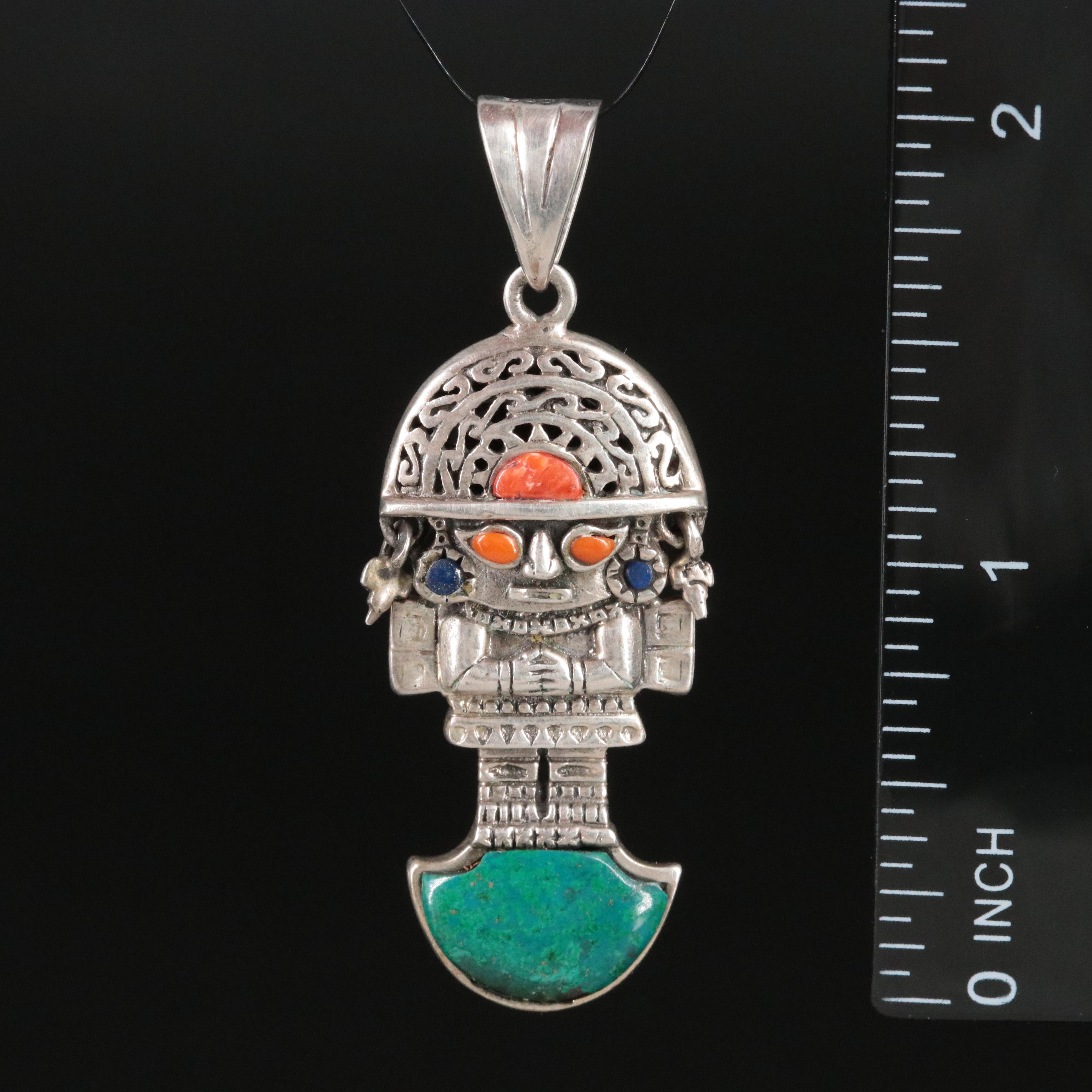 .950 Sterling, Eilat, Coral and Lapis Lazuli Peruvian Tumi Pendant