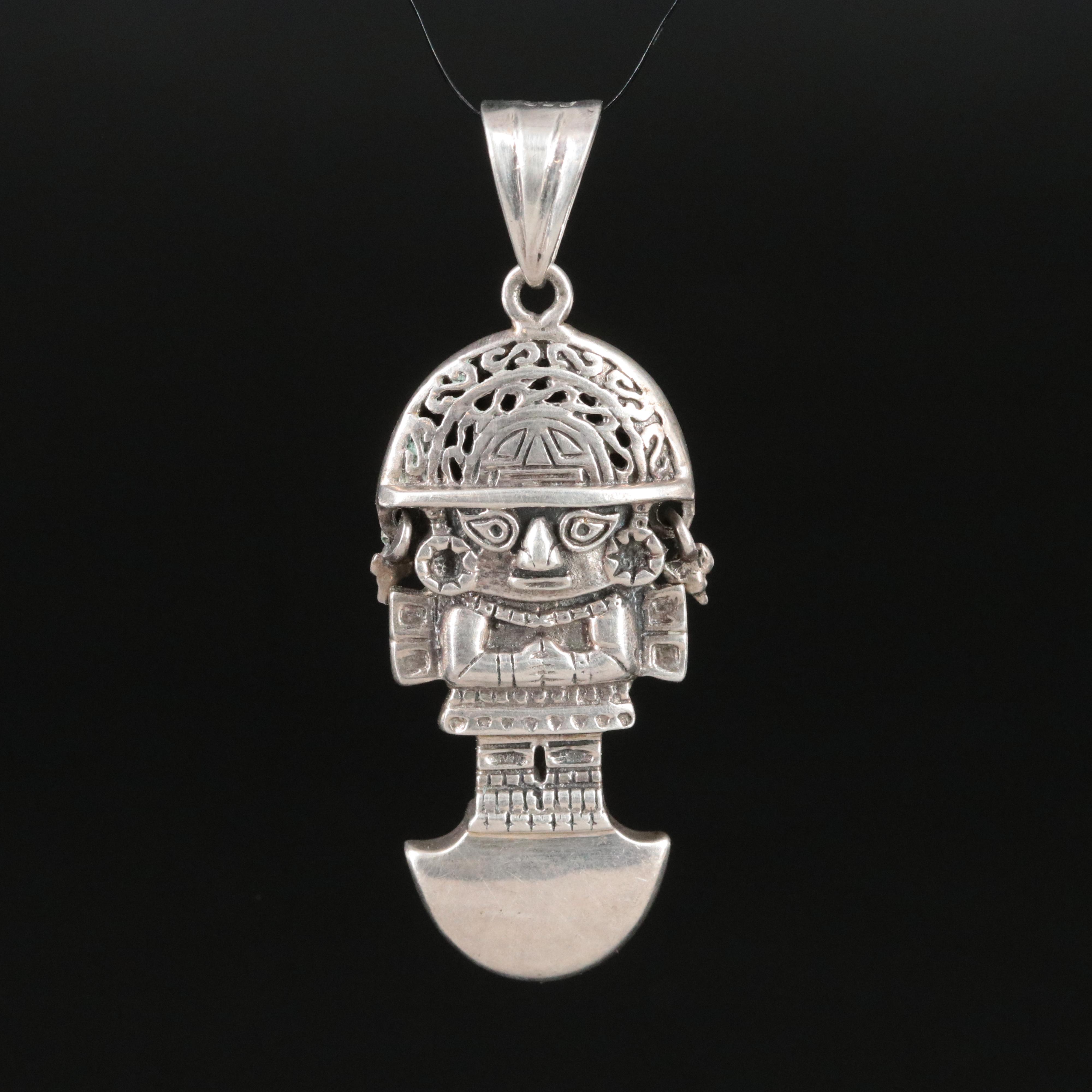 .950 Sterling, Eilat, Coral and Lapis Lazuli Peruvian Tumi Pendant