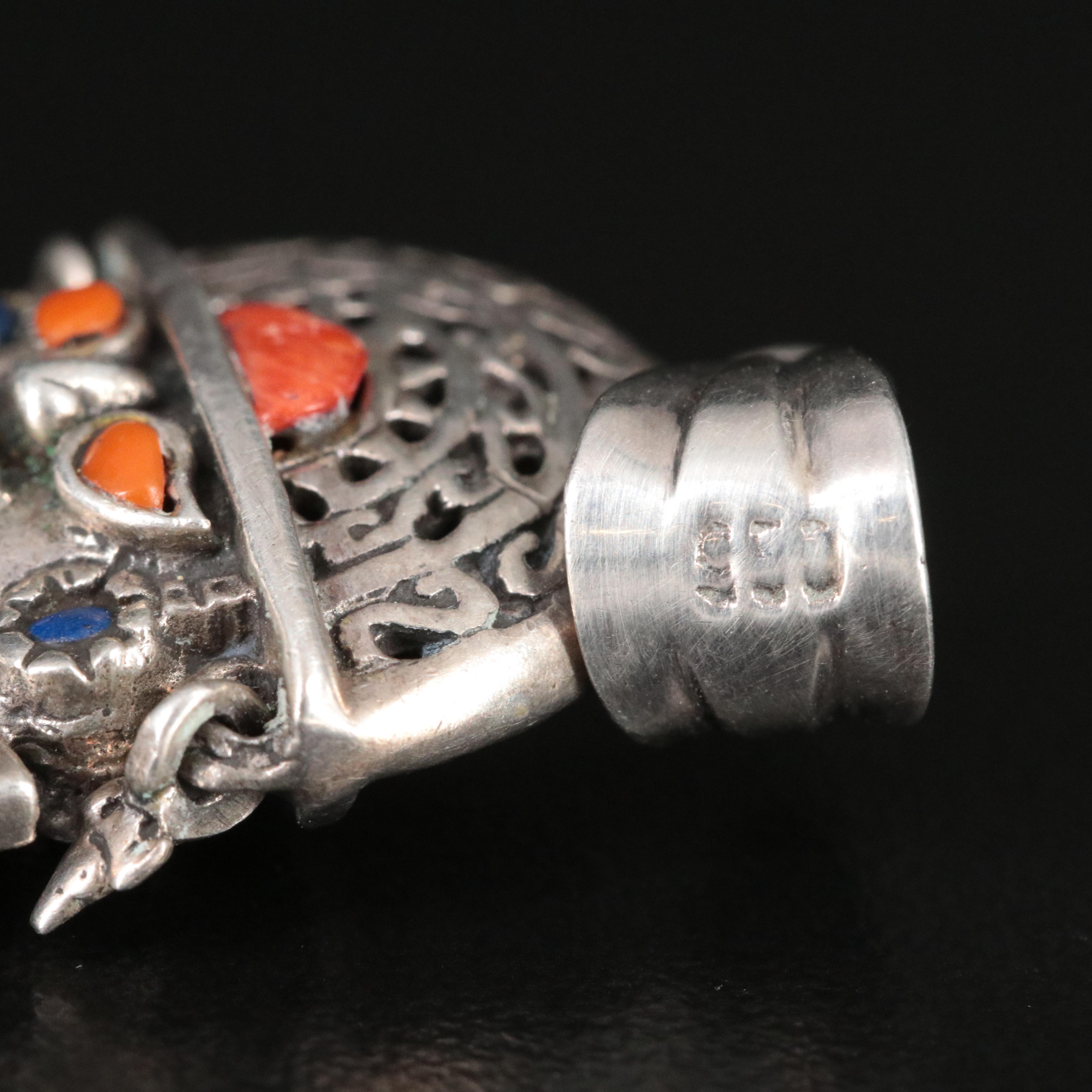 .950 Sterling, Eilat, Coral and Lapis Lazuli Peruvian Tumi Pendant