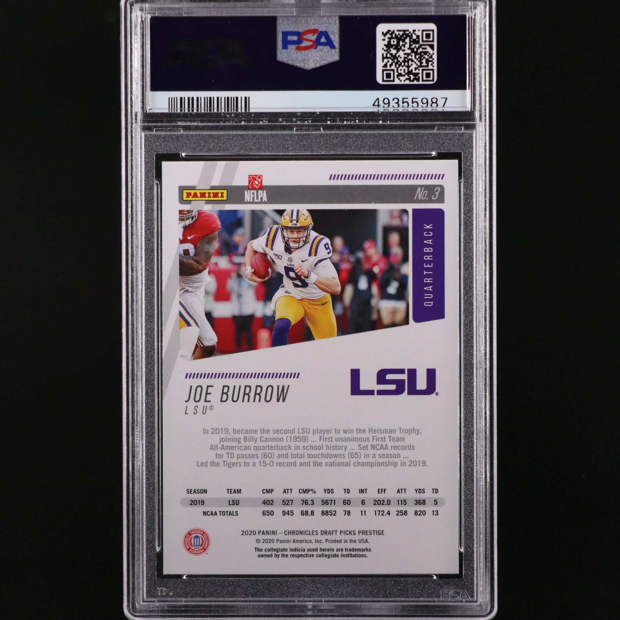 2020 Chronicles Draft Picks Joe Burrow Prestige Rookie Card Graded PSA 10