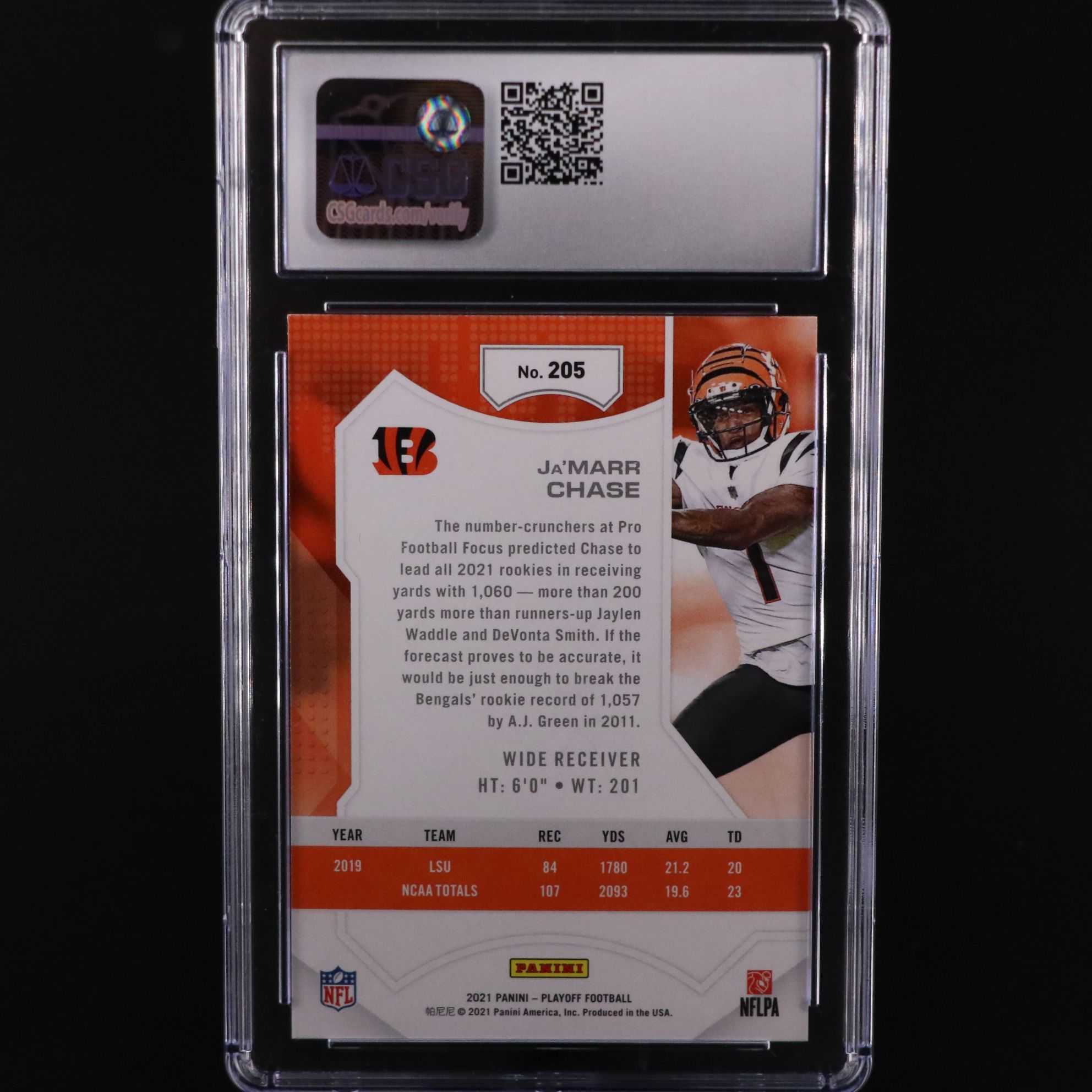 2021 Playoff Ja’Marr Chase Cincinnati Bengals Rookie Football Card Graded CSG 10
