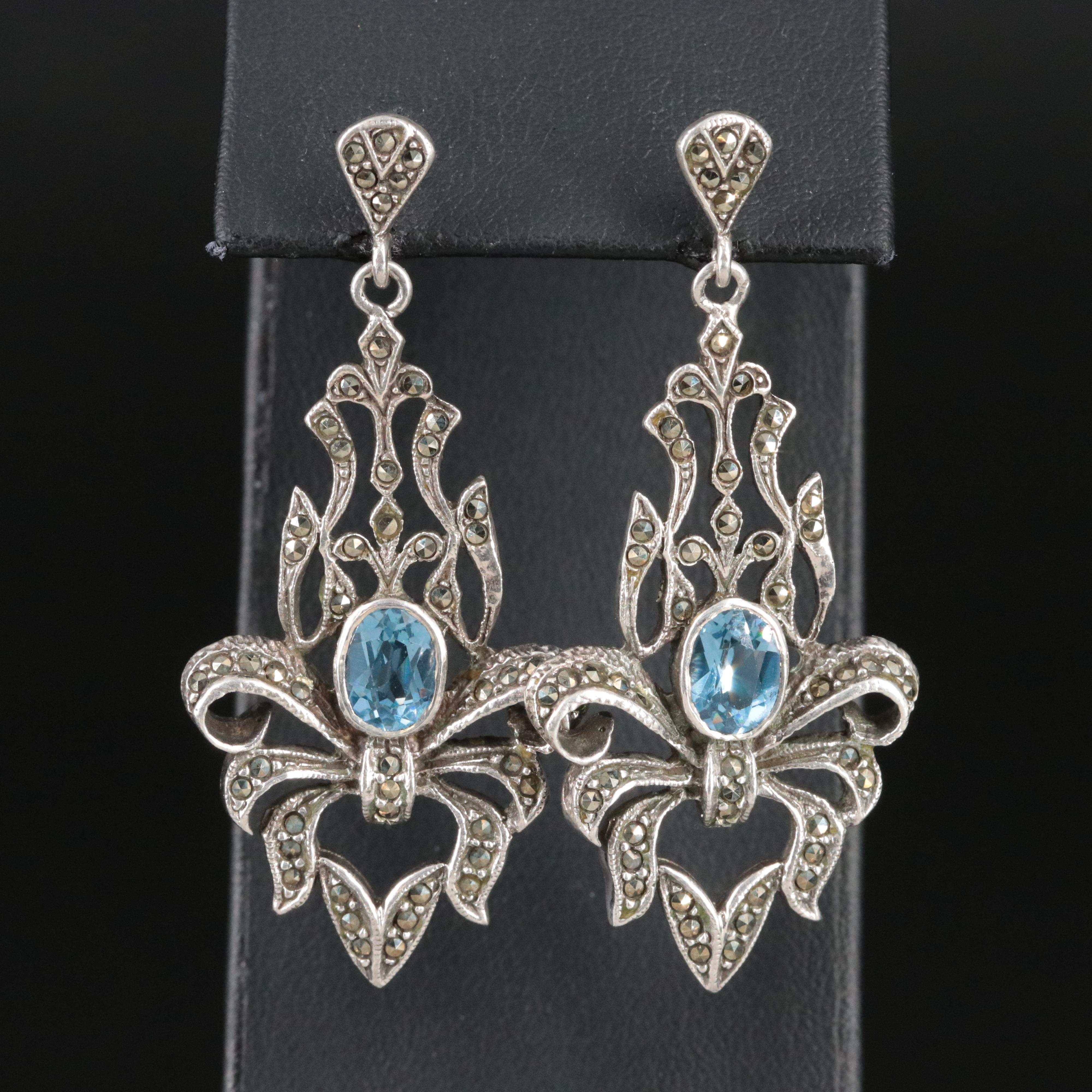Sterling Marcasite and Spinel Ribbon Waterfall Earrings