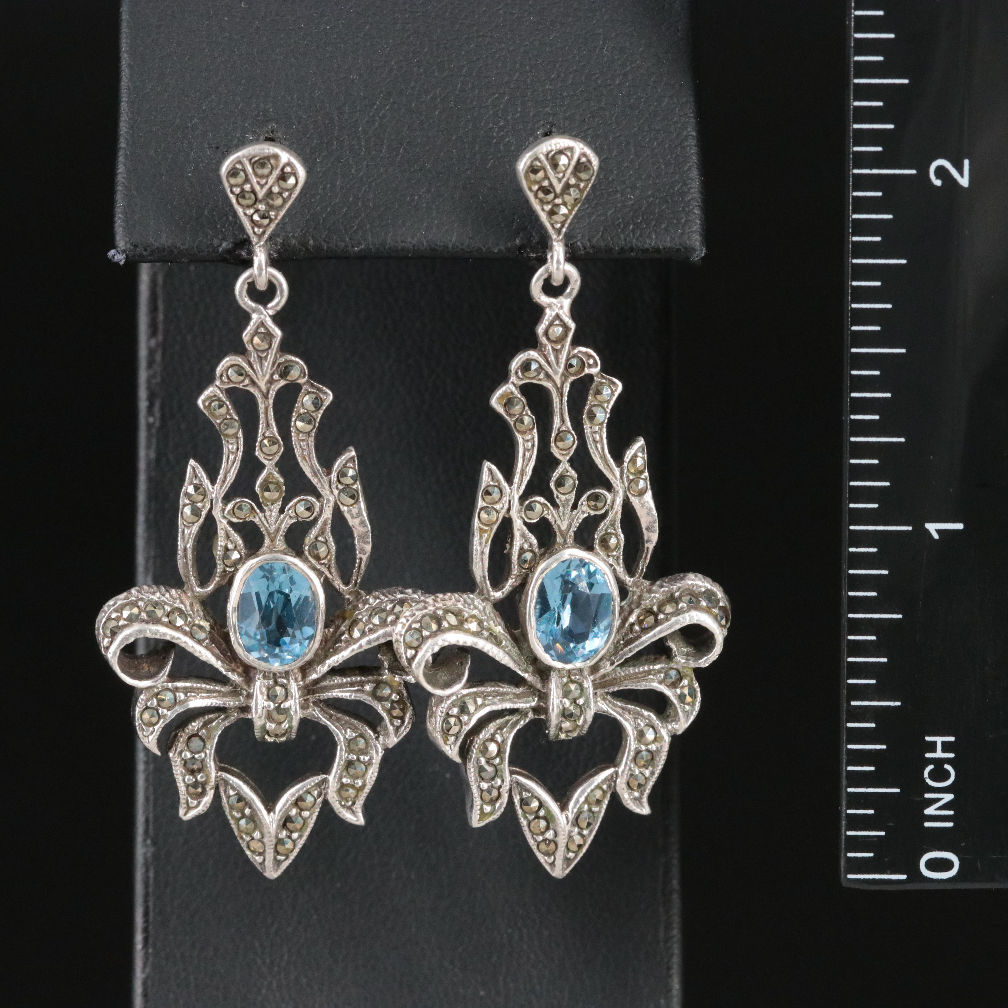 Sterling Marcasite and Spinel Ribbon Waterfall Earrings